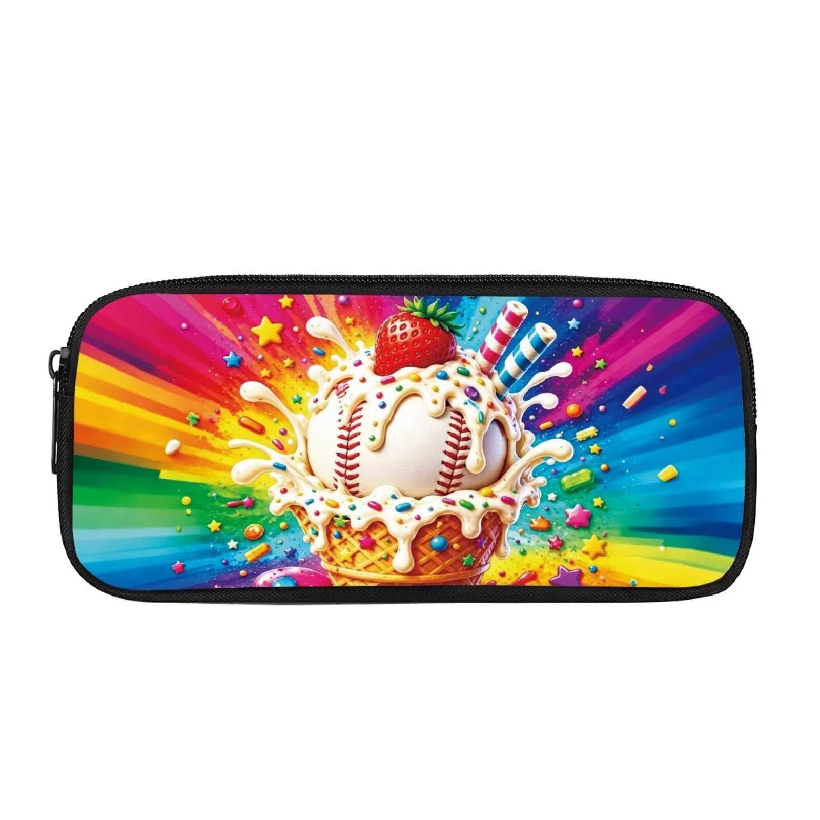 COEQINE Pencil Pen Case for School Baseball Rainbow Berry Sundae Printed Kids Pencil Case Large Capacity Supplies Storage Bag Stationery Pouch Holder Box for Girls Boys 3rd Grade