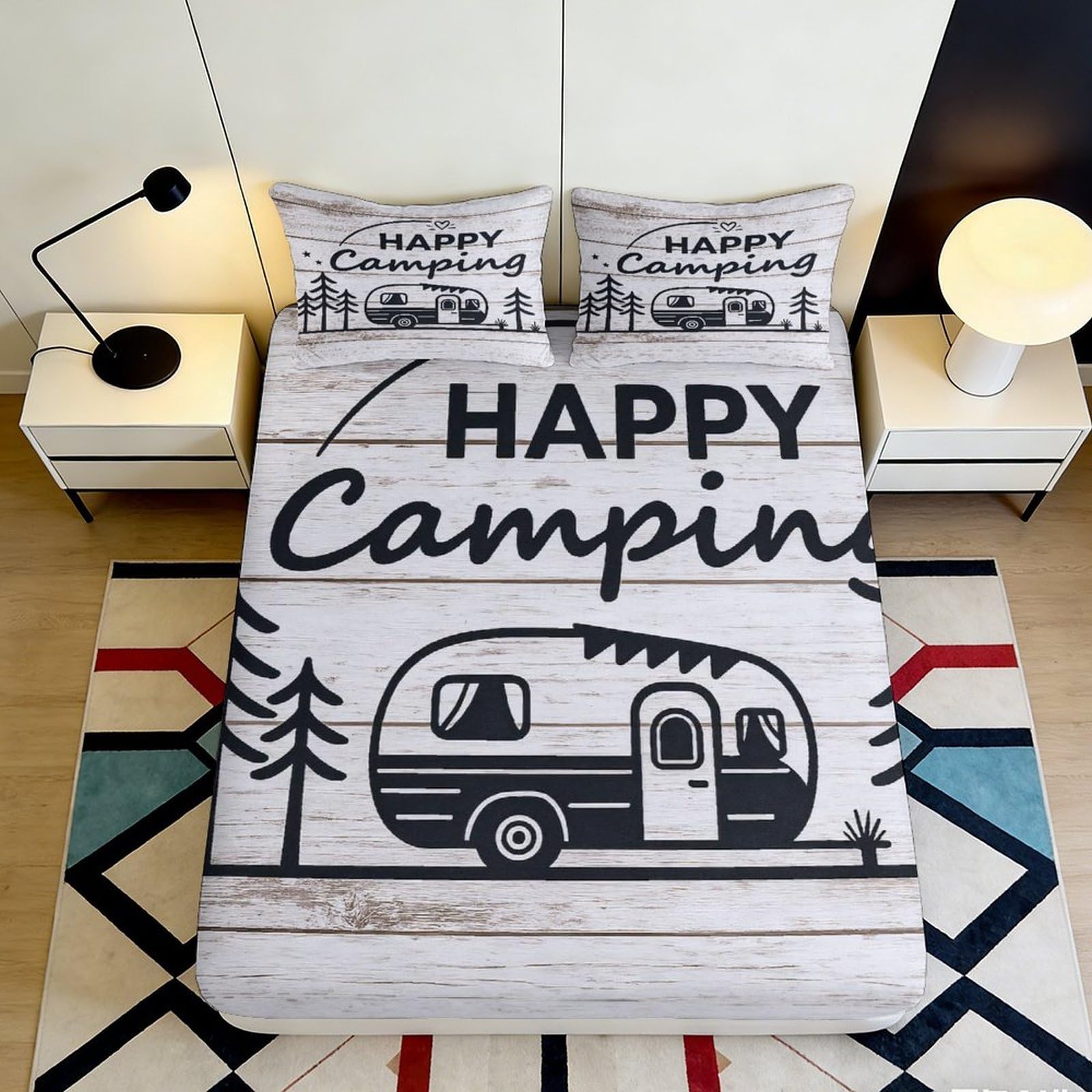 3D Printed Happy Camping Fitted Sheet Microfiber Soft Camper Trailer Bed Cover Anti-Slip Machine Wash for Bedroom Dorm Room Decor 200x200x25cm