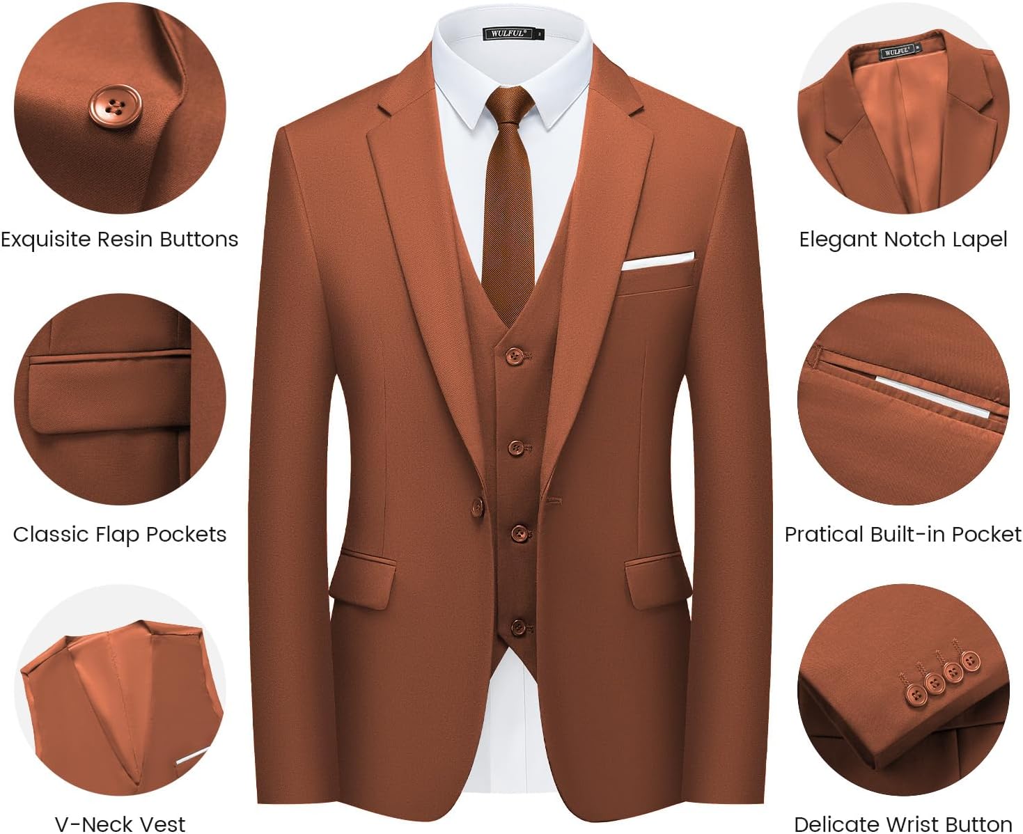 WULFUL Men’s Slim Fit Suit One Button 3-Piece Blazer Dress Business Wedding... - Picture 122 of 257