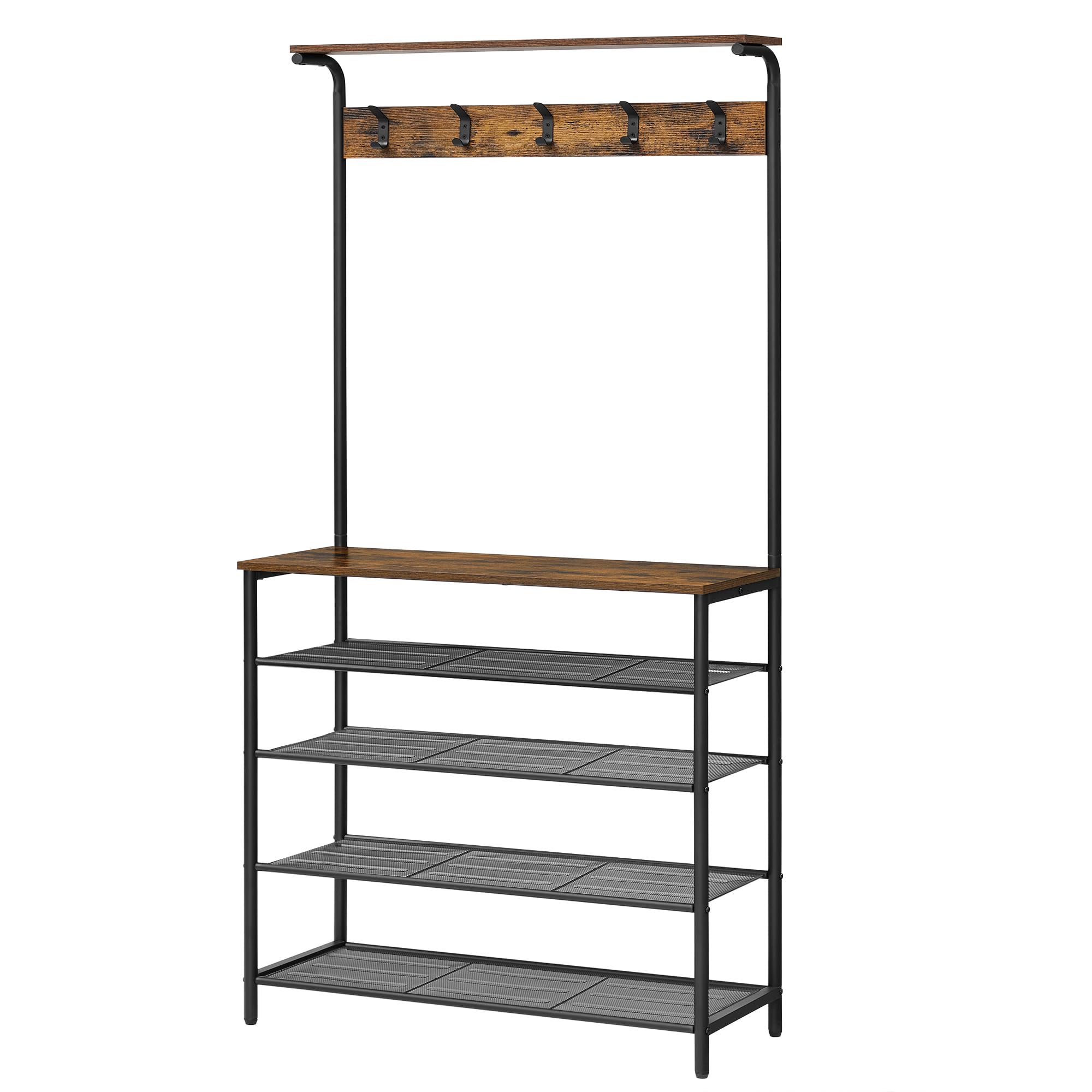 VASAGLE Garderobenständer, Kleiderständer, Schuhregal, Garderobe mit 5 Doppelhaken, 5 Ebenen, eine Ablage Oben, für Wohnungen, Schlafzimmer, Flur, Industrie-Design, vintagebraun-schwarz HSR408B01