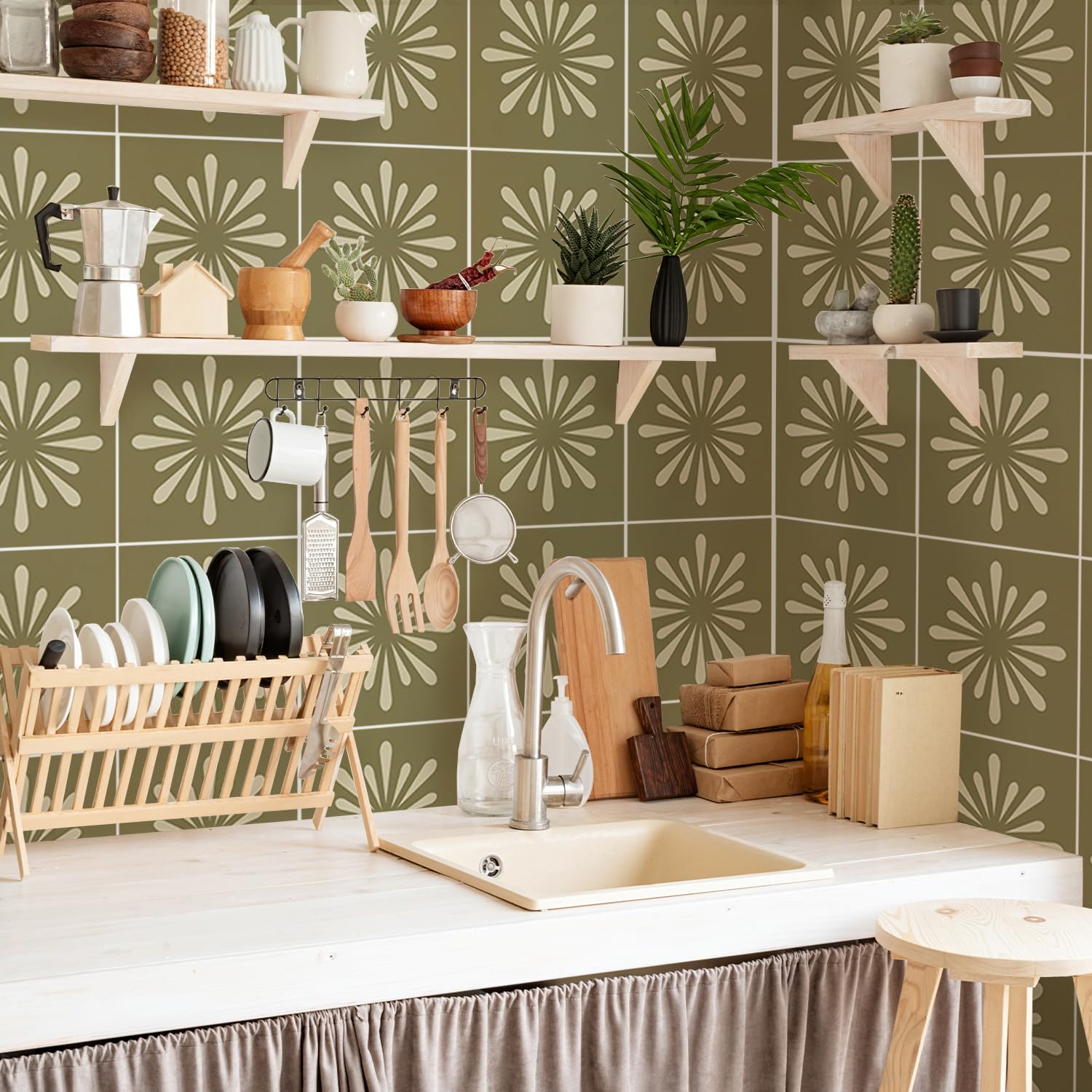 Piastrelle Adesive Cucina Graffiti Verde Olivo Adesivi Murali Durevole Piastrelle Adesive Bagno Mattonelle Adesive Cucina Piastrelle Bagno Mattonelle Adesive Pavimento PVC Adesivo 15x15cm/30 Pcs