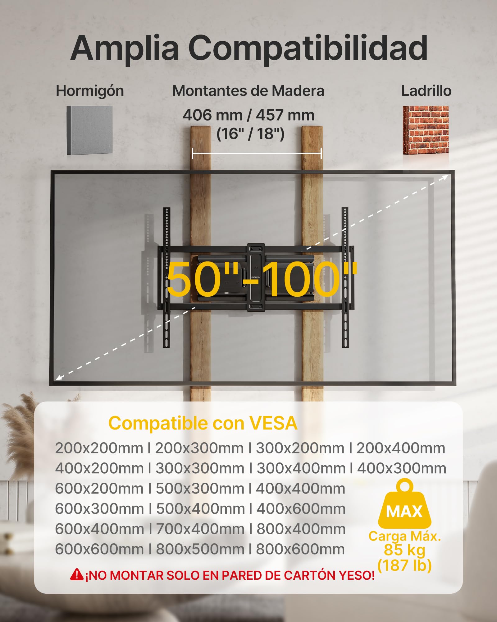 monTEK Soporte TV Ultrafino Reforzado para 50-100" | Soporte TV articulado con giro, inclinación y extensión, hasta 85 kg, doble brazo y VESA máx. 800x600.