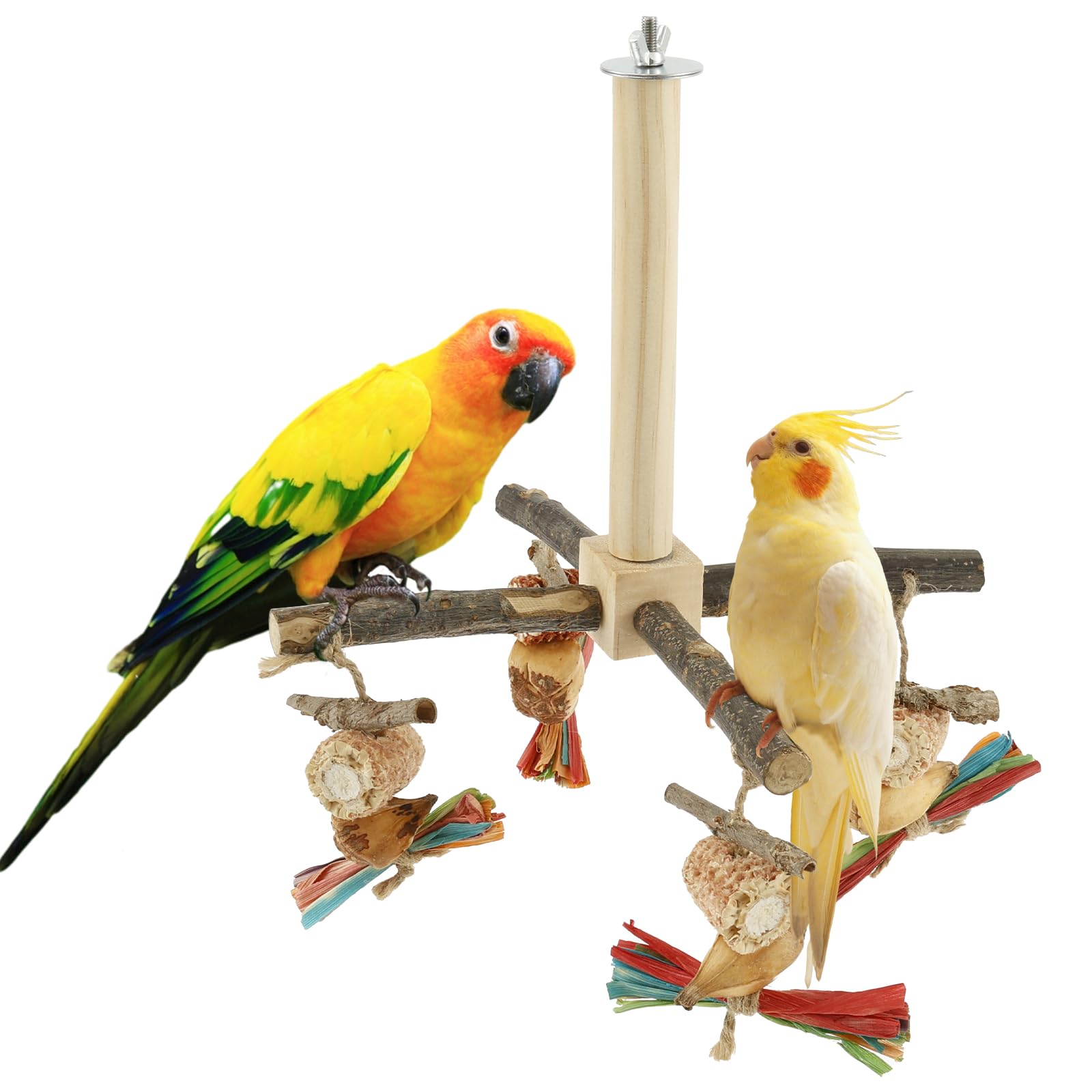 Agape Rotating Parrot Perch Toy with Chew Toy - Natural Wooden Perch Stand, 360° Rotatable Parrot Exercise Standing Perch, Bird Cage Accessories for Small and Medium Sized Birds (String Bite Style)
