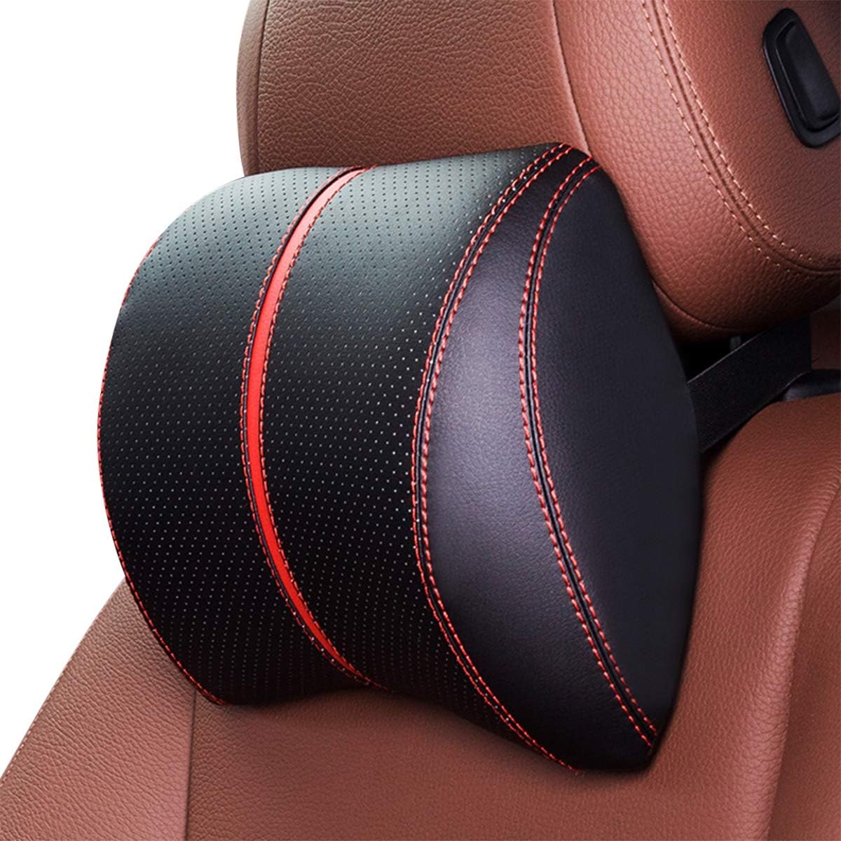 Amazon Ergocar 頸椎サポート ネックパッド 車 クッション Puレザー メモリフォーム腰部クッション ネックピロ オフィス 車 旅行のためのバッククッション ブラック レッド シートクッション 車 バイク