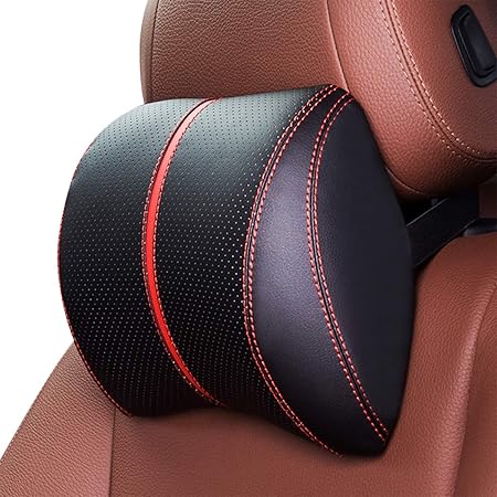 Amazon Ergocar 頸椎サポート ネックパッド 車 クッション Puレザー メモリフォーム腰部クッション ネックピロ オフィス 車 旅行のためのバッククッション ブラック レッド シートクッション 車 バイク