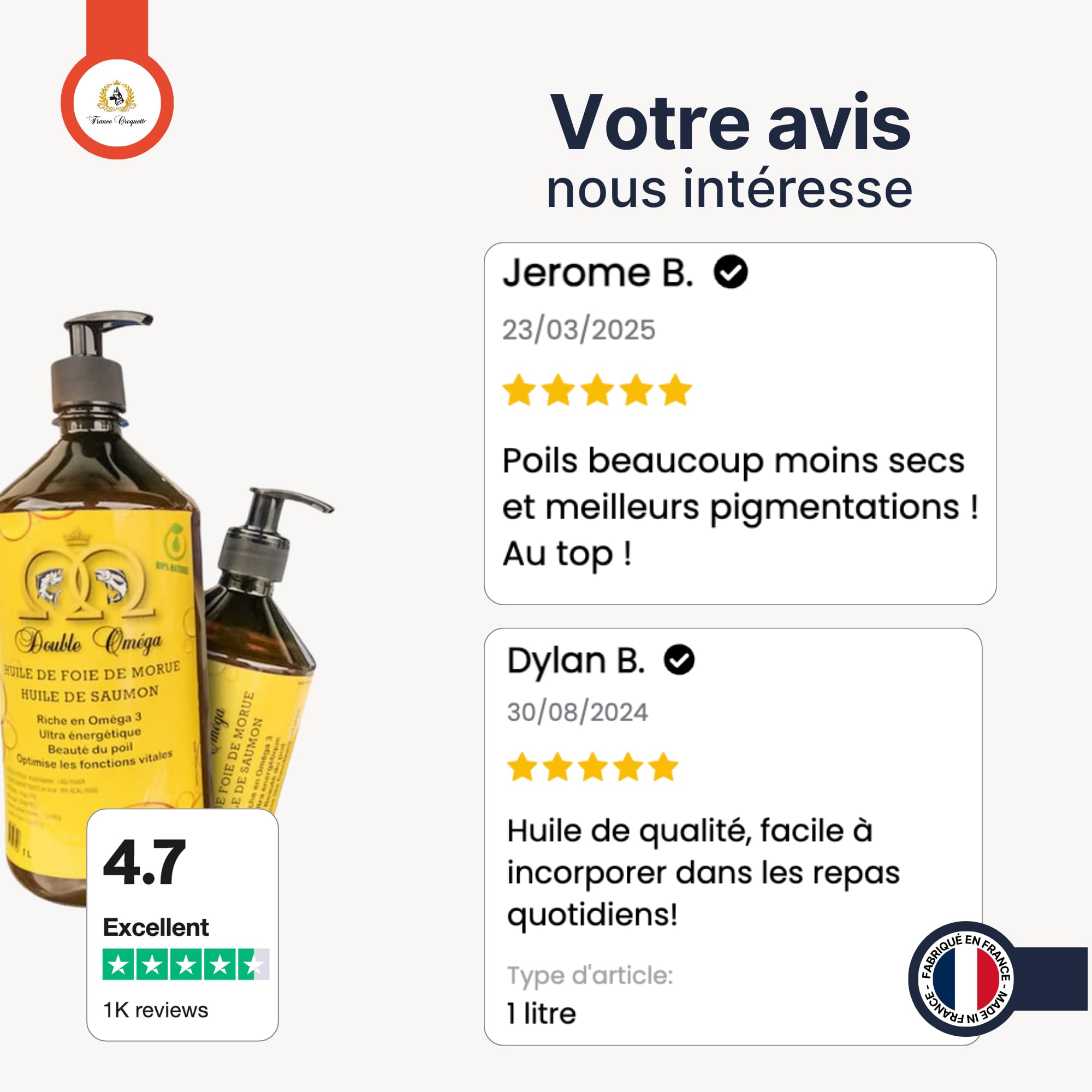 double oméga huile de foie de morue et saumon pour chien – oméga 3 et 6 naturels – vitalité immunité articulations cerveau pelage brillant – complément alimentaire huile 500 ml