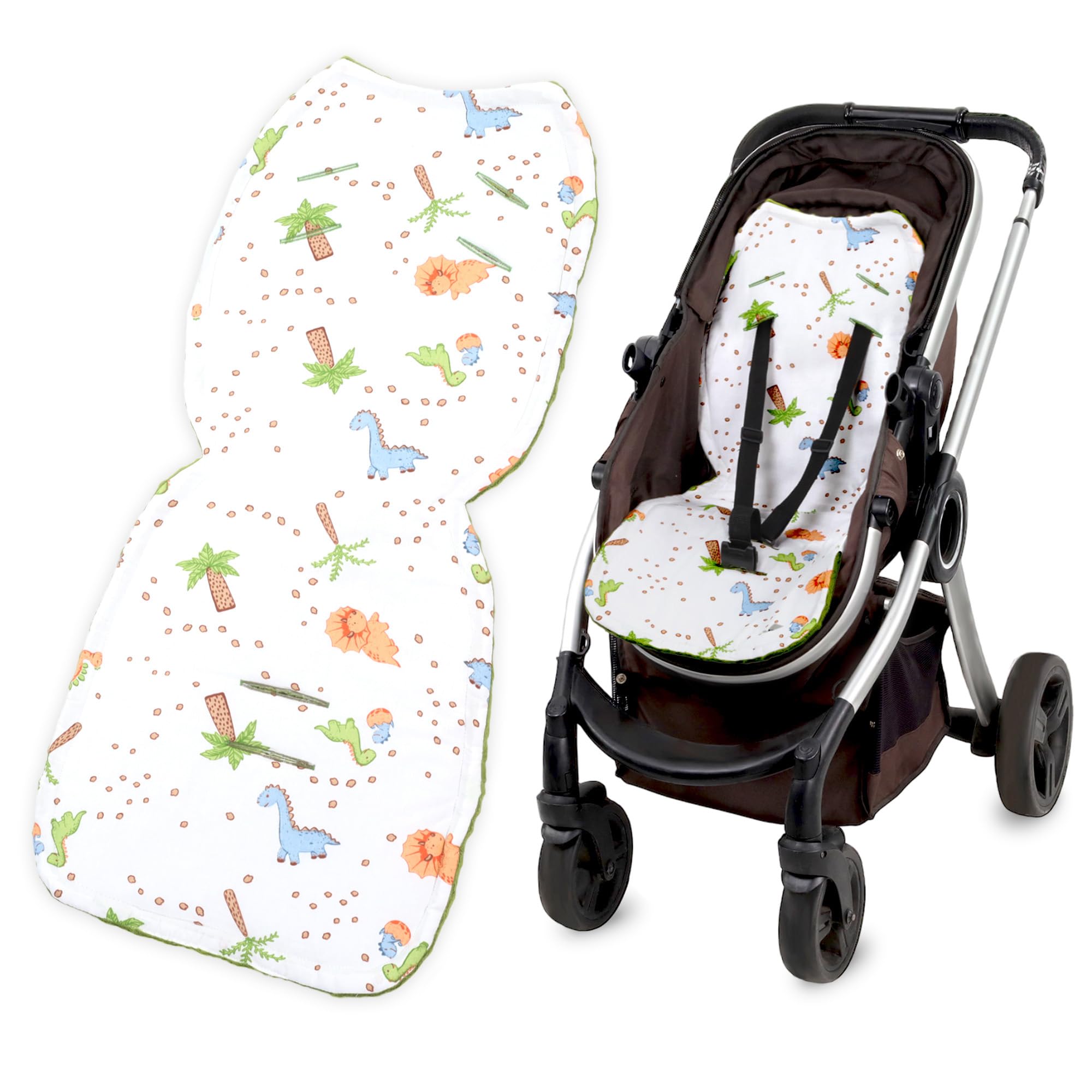 Colchoneta silla paseo universal - Cojín reductor Ideal para carrito bebe funda asiento cómoda y protectora para mayor confort del bebé Minky Dinosaurio verde