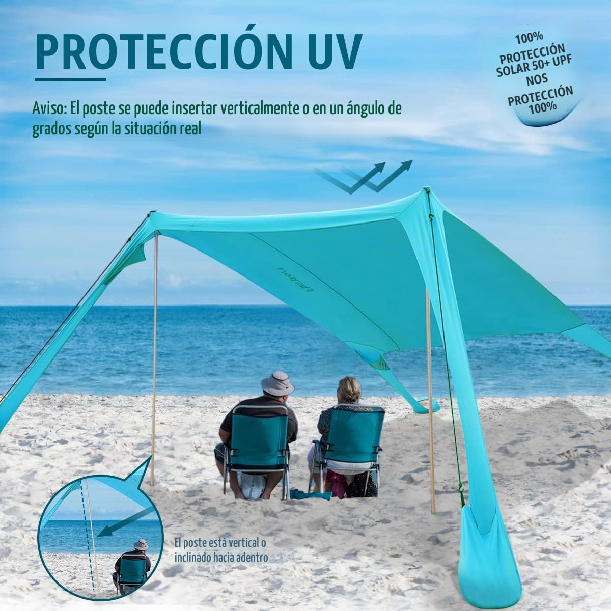 Tienda de Playa Carpa de Playa desplegable UPF 50+ Protección UV con Polos de Aluminio Anclaje de Arena para Patio Trasero Parque Playa,Sombra al Aire Libre para Viajes de Camping, Pesca