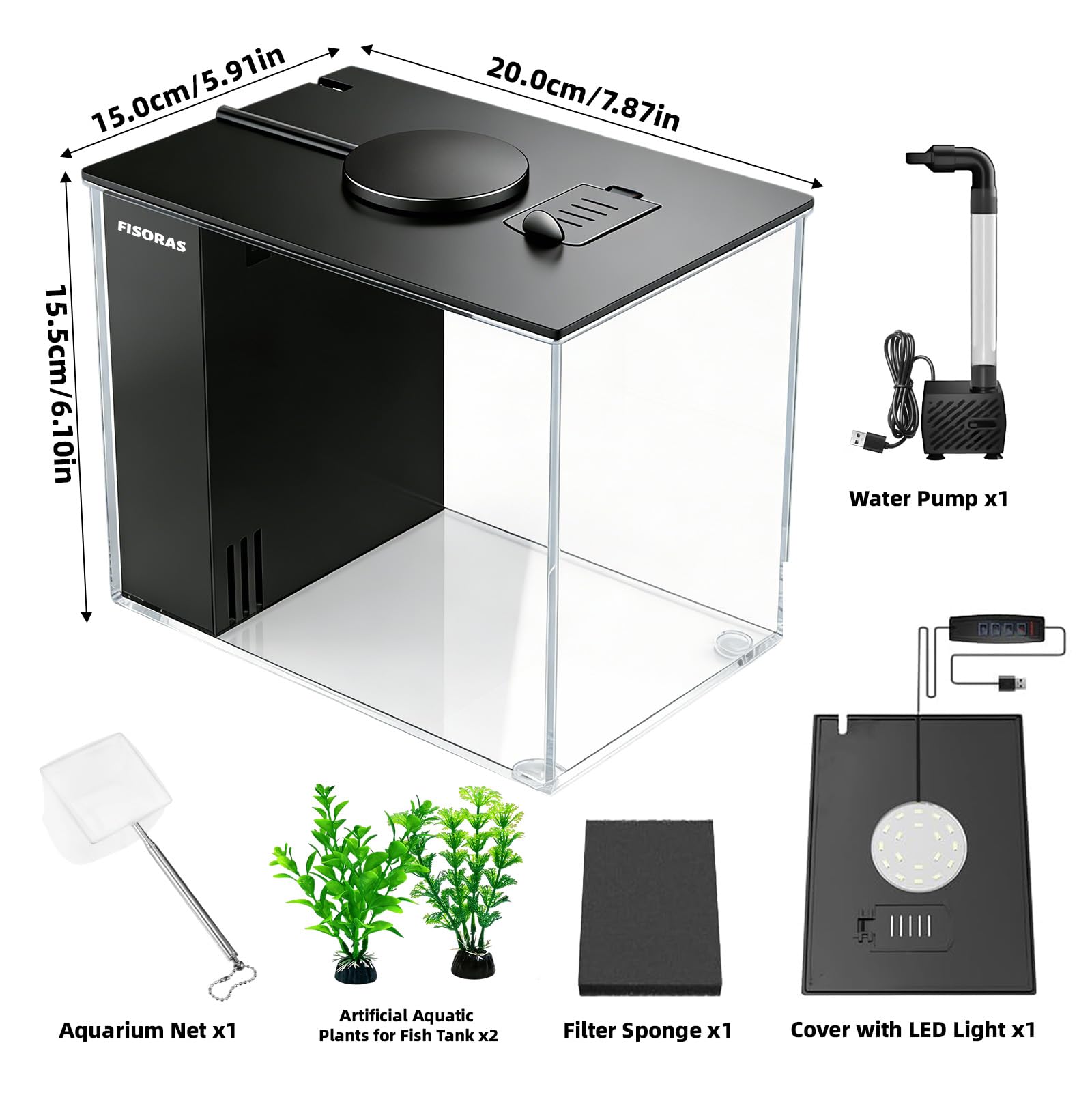 Set piccolo acquario da 3,7 l, con pompa filtro dell'acqua e illuminazione a LED, ideale per pesci da combattimento, pesci rossi, gamberetti e guppy