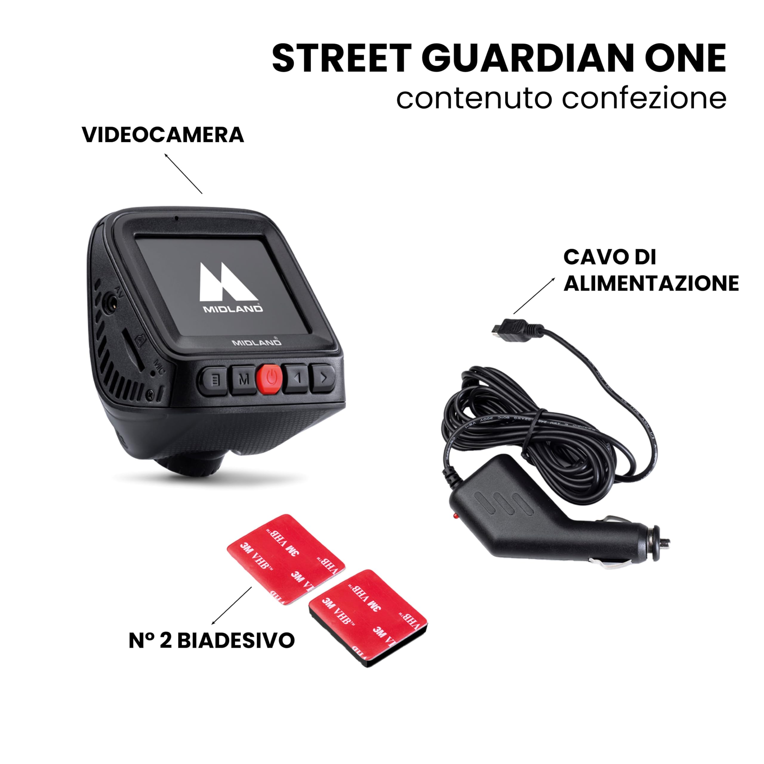 Midland - Dash Cam Auto Street Guardian One, Gadget e Accessori Auto, Dashcam ad Alta Risoluzione, Videocamera con Attivazione Automatica, Telecamera Facile da Installare per Sicurezza Stradale