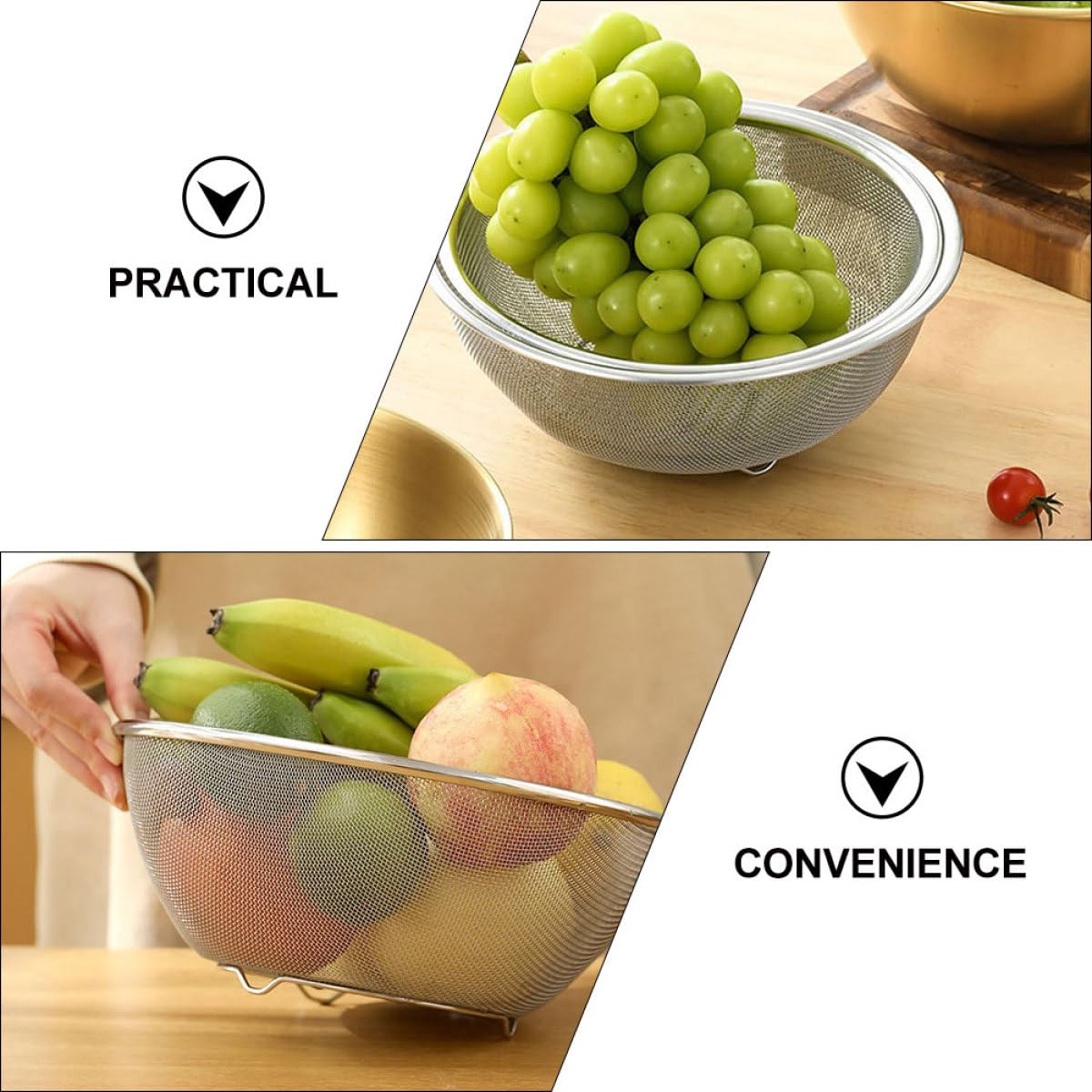 Set di Scolapasta in Acciaio Inox Maglia Fine per Frutta e Alimenti, Design Semplice e Filtro per Acqua, la Cucina Quotidiana