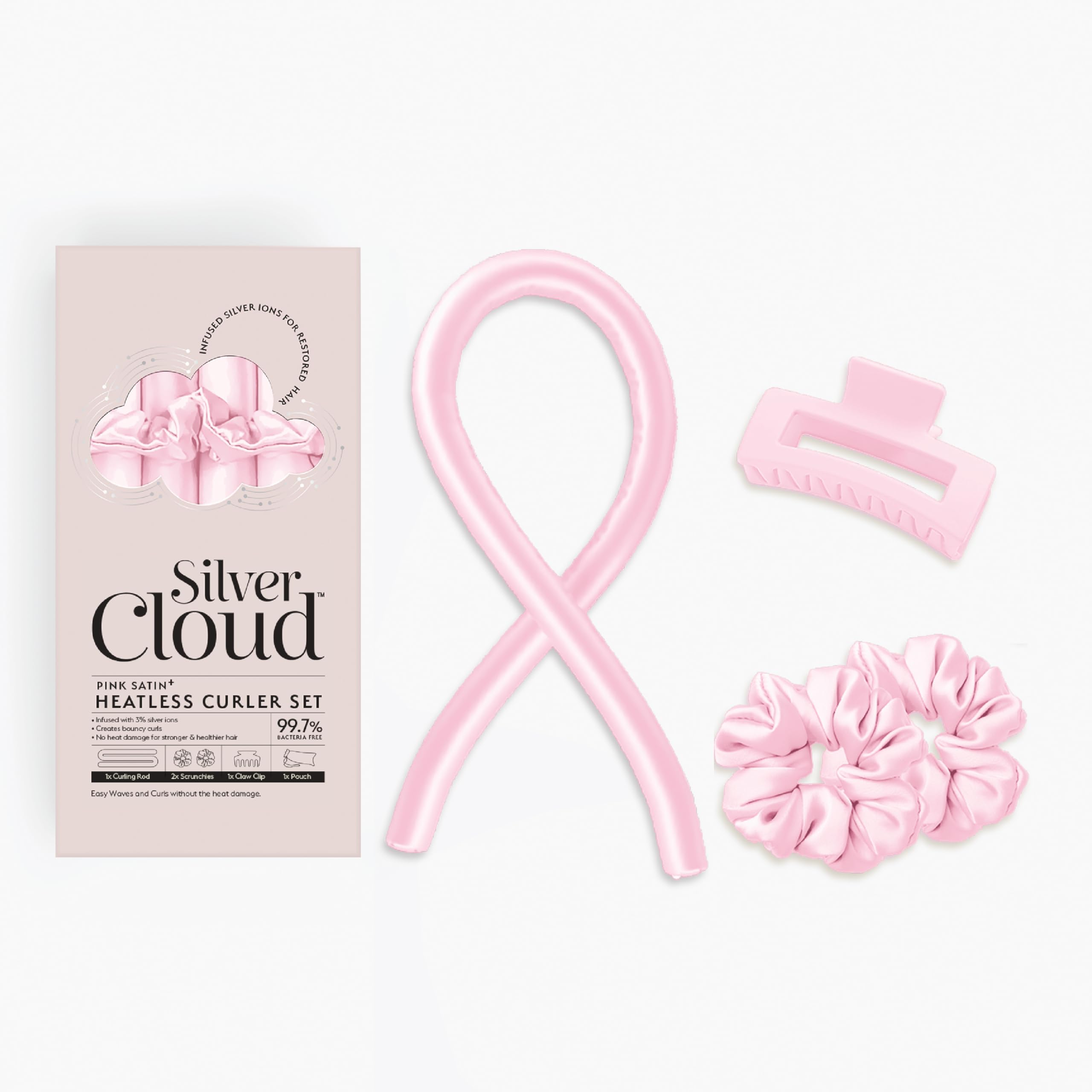Silver Cloud Satin Heatless Curler Set Infused with Silver Ions - Effortless Curls, No Heat Required (Pink, Medium)