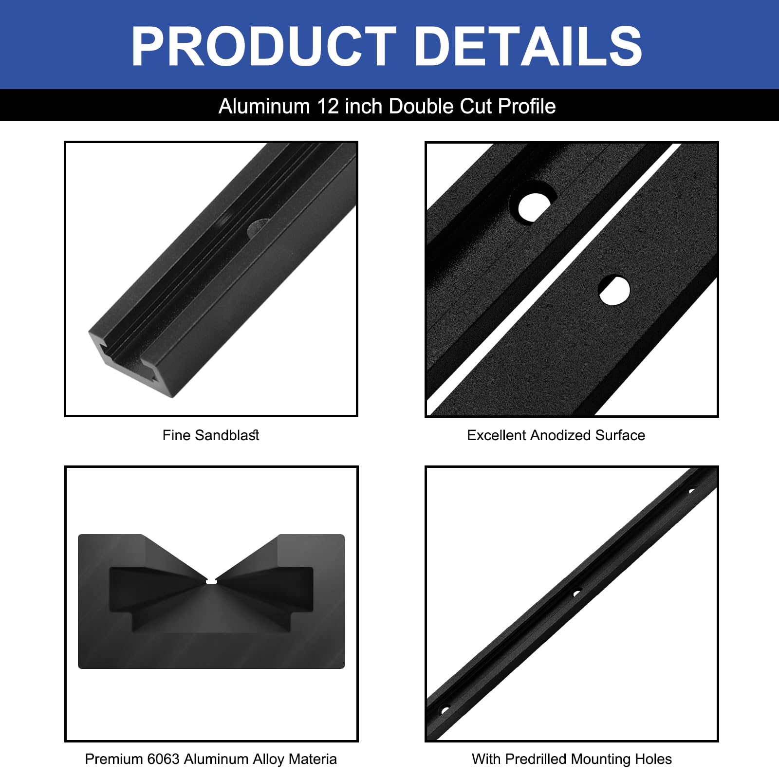 iMetrx T Tracks Woodworking Aluminum 12 inch 305 mm Black 4 Pcs Double Cut Profile Universal with Predrilled Mounting Holes and Screws for Universal T-Track Accessories - Image 2