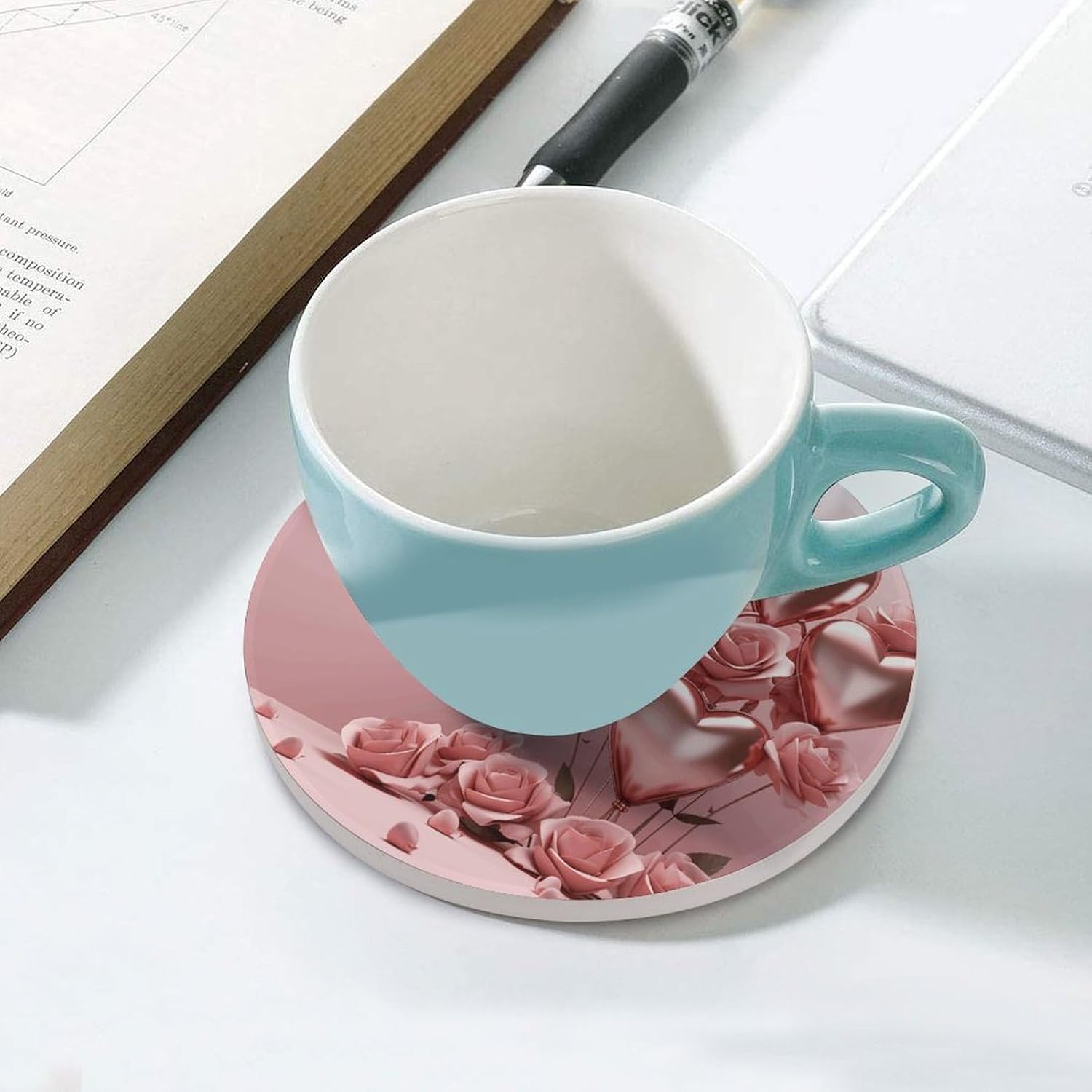 Pink Rose Balloon Heart Coasters for Drinks Absorbing Round Ceramic Stone Coaster with Cork Base Coffee Cup Beverage Table Cup Mat Modern Style Bar Coaster Set for Home Decor