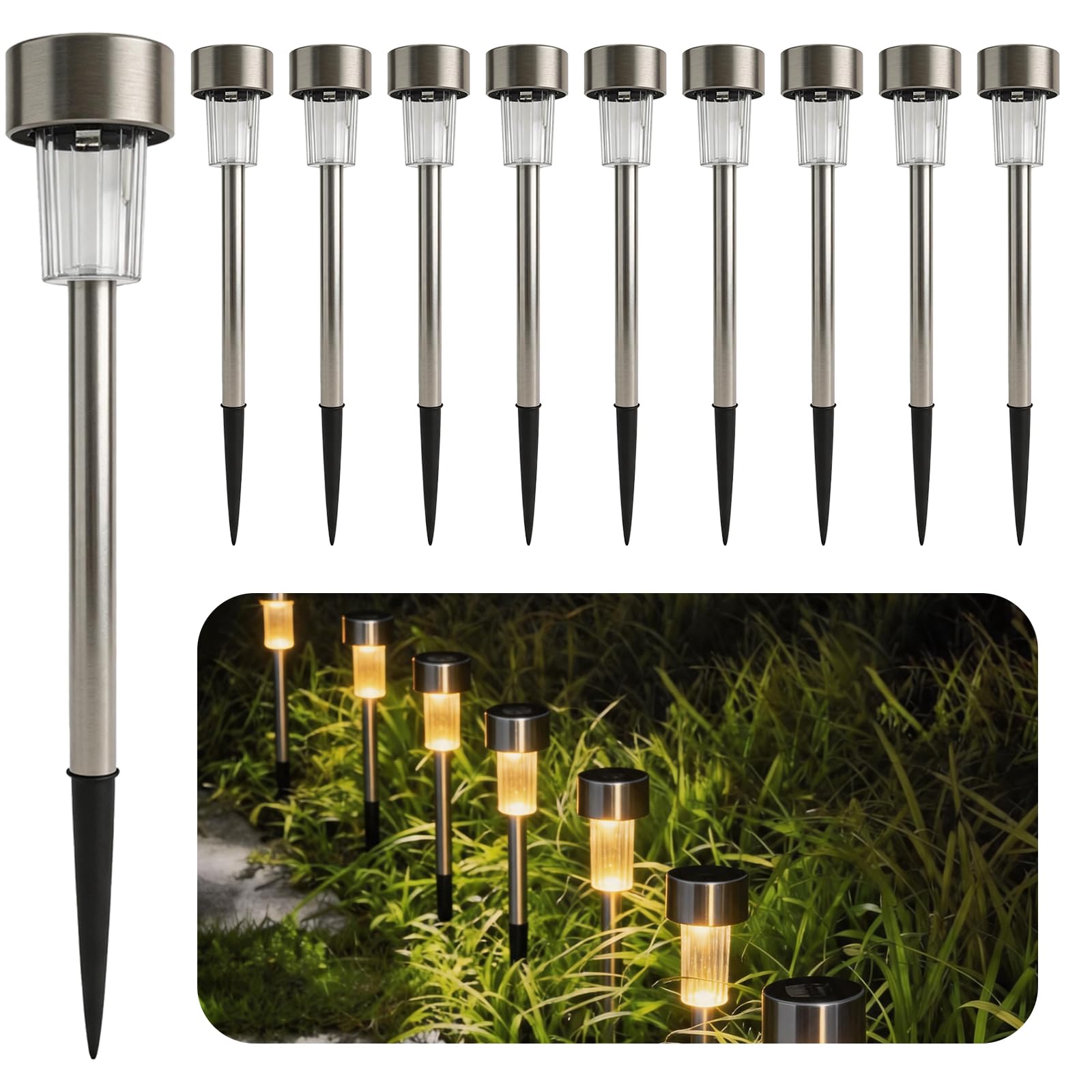 Melofo Solar Garden Stake Lights, 10 Pack LED Stainless Steel Waterproof Solar Lights Outdoor Garden Landscape Pathway Lighting for Walkway Patio Yard Driveway Lawn Decoration, Warm White