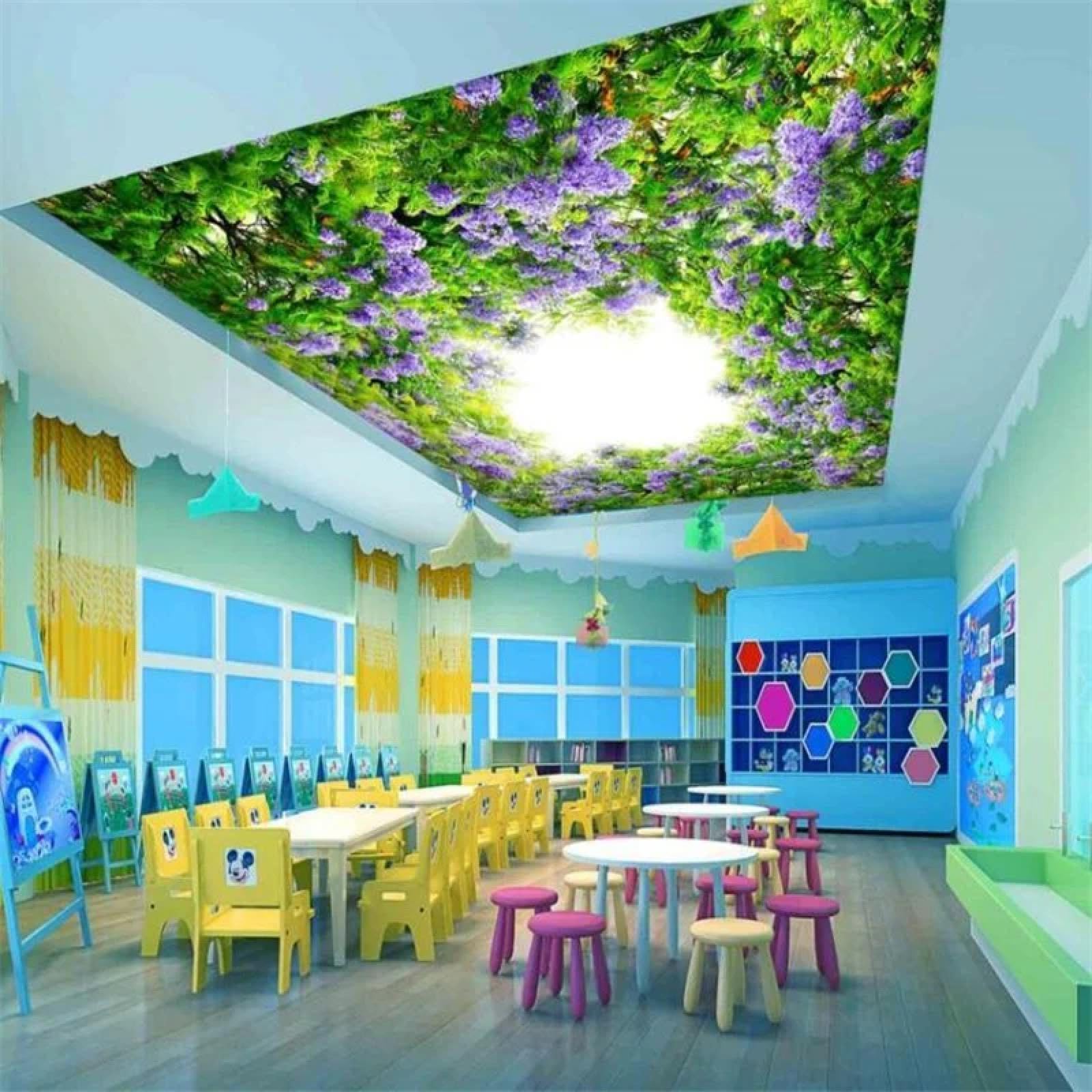 Papier peint 3D pour plafond salon lumineux fleurs violettes