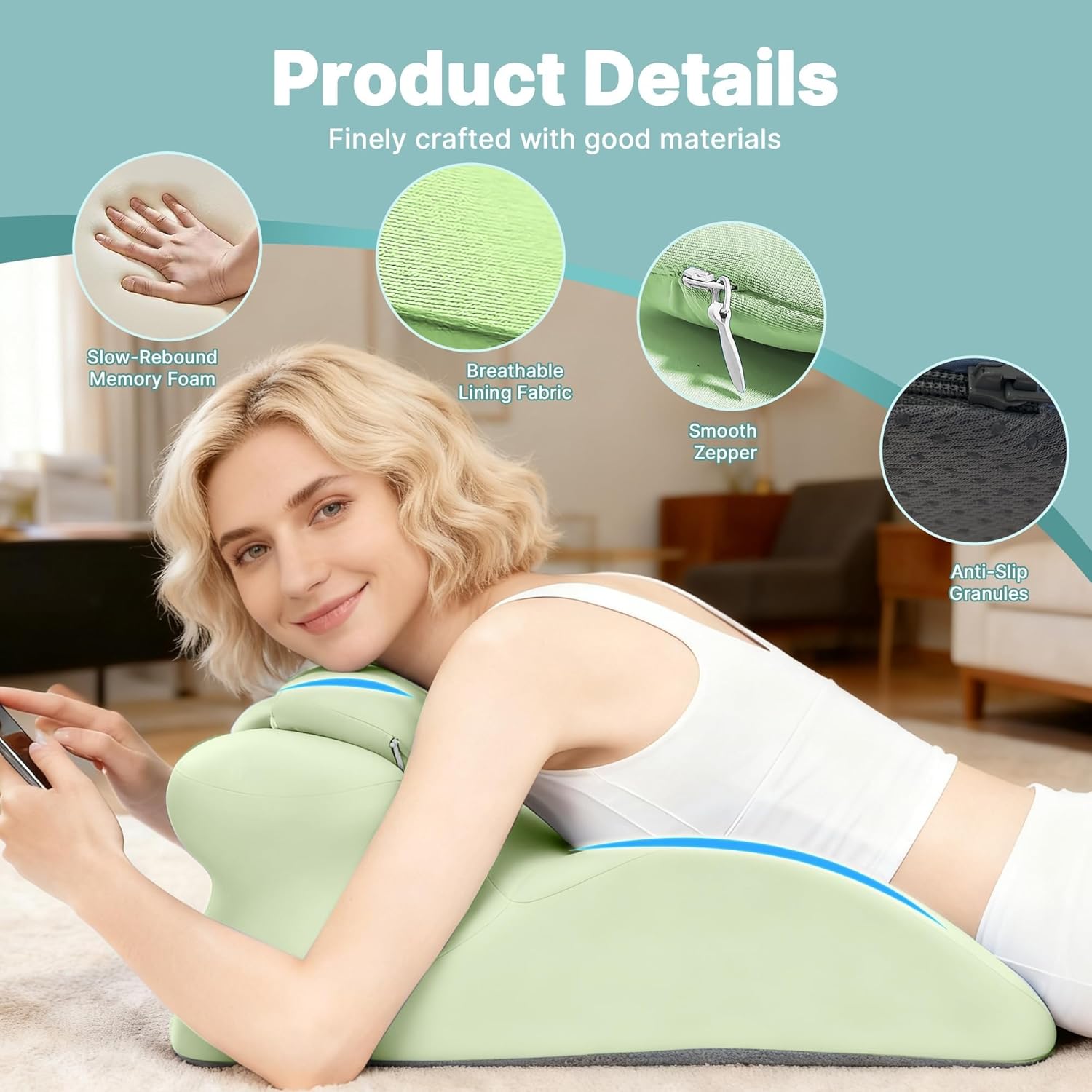 Multi-Position Body Support Pillow 27° Ergonomic Couples Pillow, Arm Pressure Relief, Back & Shoulder Support (Green)