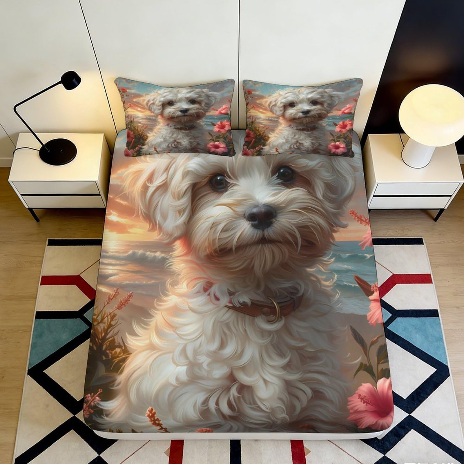 3D Printed Schnauzer Dog Fitted Sheet Microfiber Soft Breathable Sunset Flowers Mattress Cover for Bedroom Guest Room 90x200x25cm