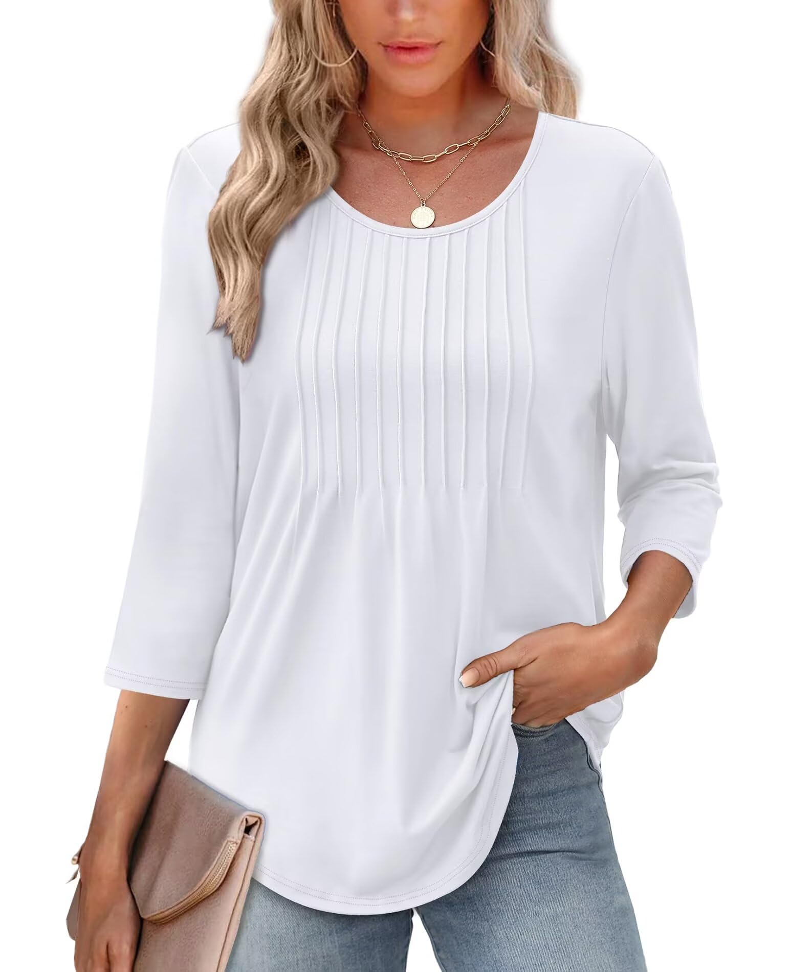 XIEERDUO 3/4 Length Sleeve Tops for Women Pleated Tunic Tops Loose Fit Shirts Dressy Casual Blouses Crewneck