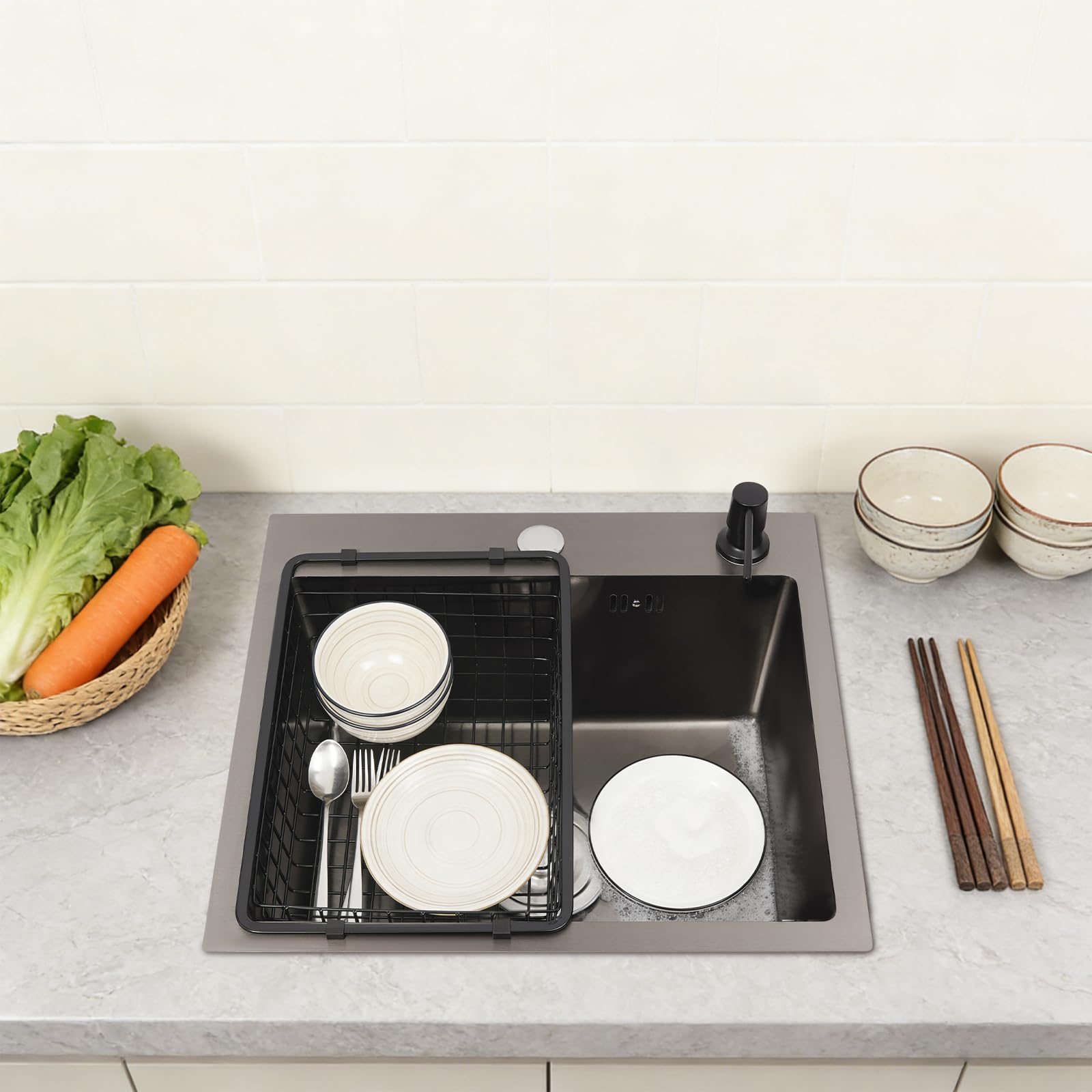 Fregadero de cocina moderno, color negro, 45 x 40 cm, para familias, restaurantes, lavaderos, con escurridor, dispensador de jabón, sin grifo