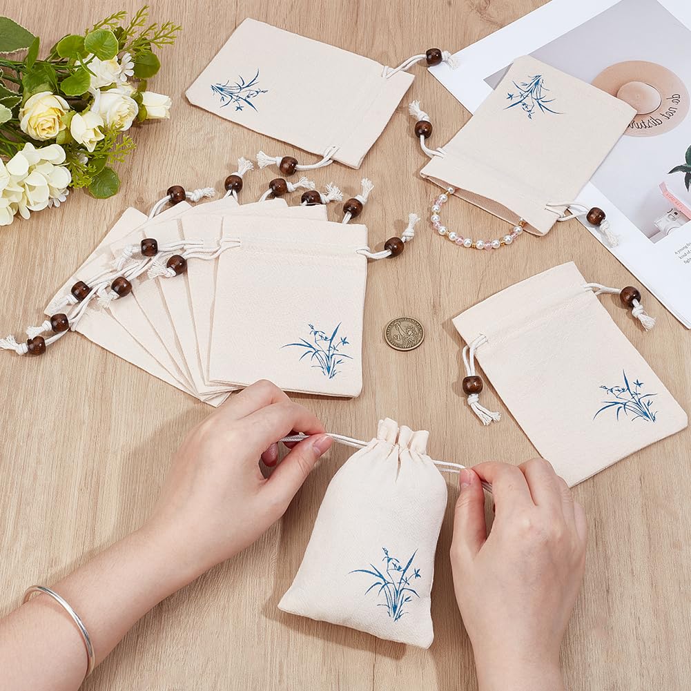 PH PandaHall 24pcs Linen Drawstring Pouches, 10x14cm Flower Printed Sachet Bags Small Fabric Gift Bags Empty Jewellery Pouches for Gifts Wedding Birthday Christmas Jewellery Candy Dried Flower, Beige - Image 3