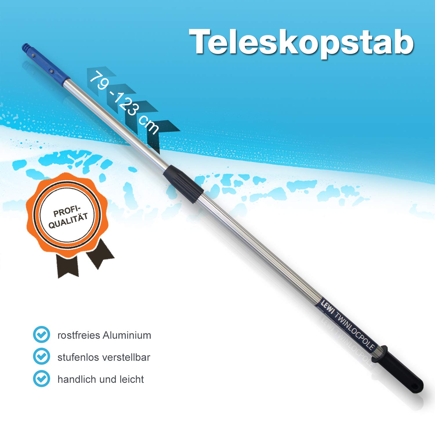 Putzen wie die Profis Teleskopstange 2-teilig (2x60cm), rostfreies Aluminium + leicht, stufenlos einstellbar (79-123 cm), Teleskopstab mit Universal-Konus | inkl. Gratisprobe GlasRein