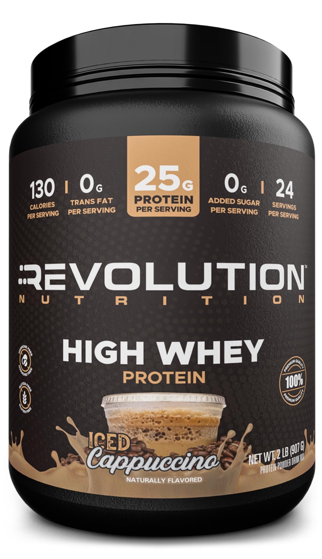 Revolution Nutrition, High Whey, Protein Powder 2LB, Whey Isolate, Gluten Free, Lean Muscle Mass for Men & Women, 25g of Protein Per Scoop, 908 g, 24 Servings (Iced Cappuccino, 2 Pound)