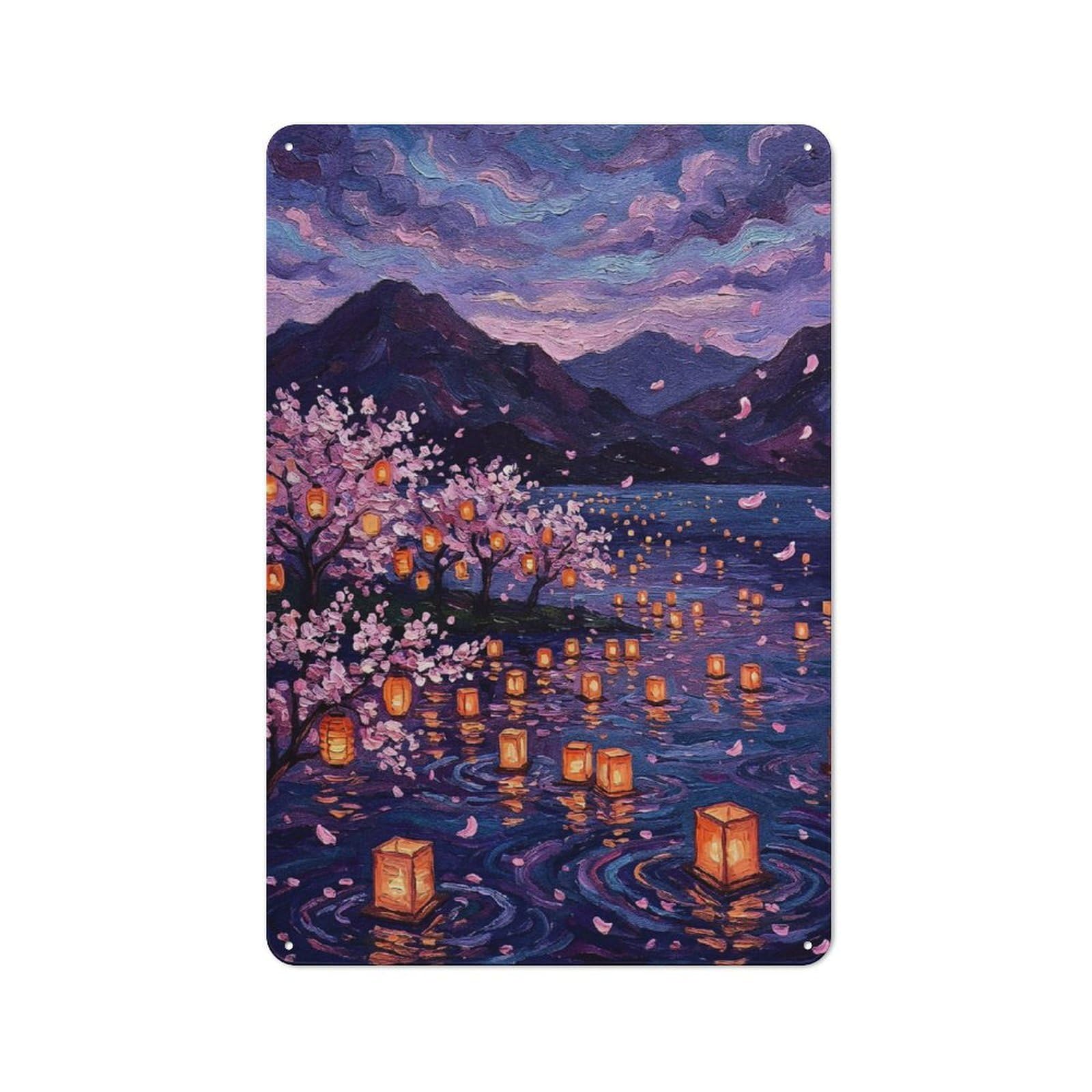 Junmoney Style-24 Tin Wall Plaque 30X20cm With Floating Lanterns Under Cherry Blossoms For Café Or Restaurant, Housewarming Present For People Styling Café And Restaurant