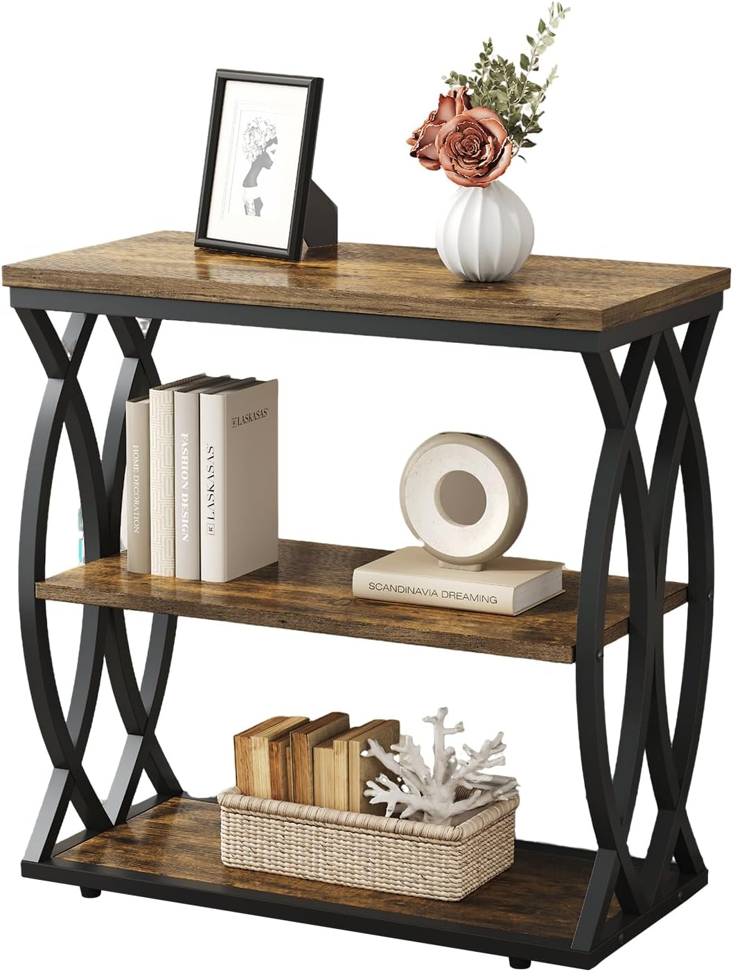 SIMILAR TO End Table, Narrow Side Table, 3-Tier End Table with Metal Frame, Living Room Side Table with Storage for Couch, Sofa, Bedroom, Small Spaces, Easy Assembly, 23.6\"D*11.8\"W*23.6\"H, Rustic Brown