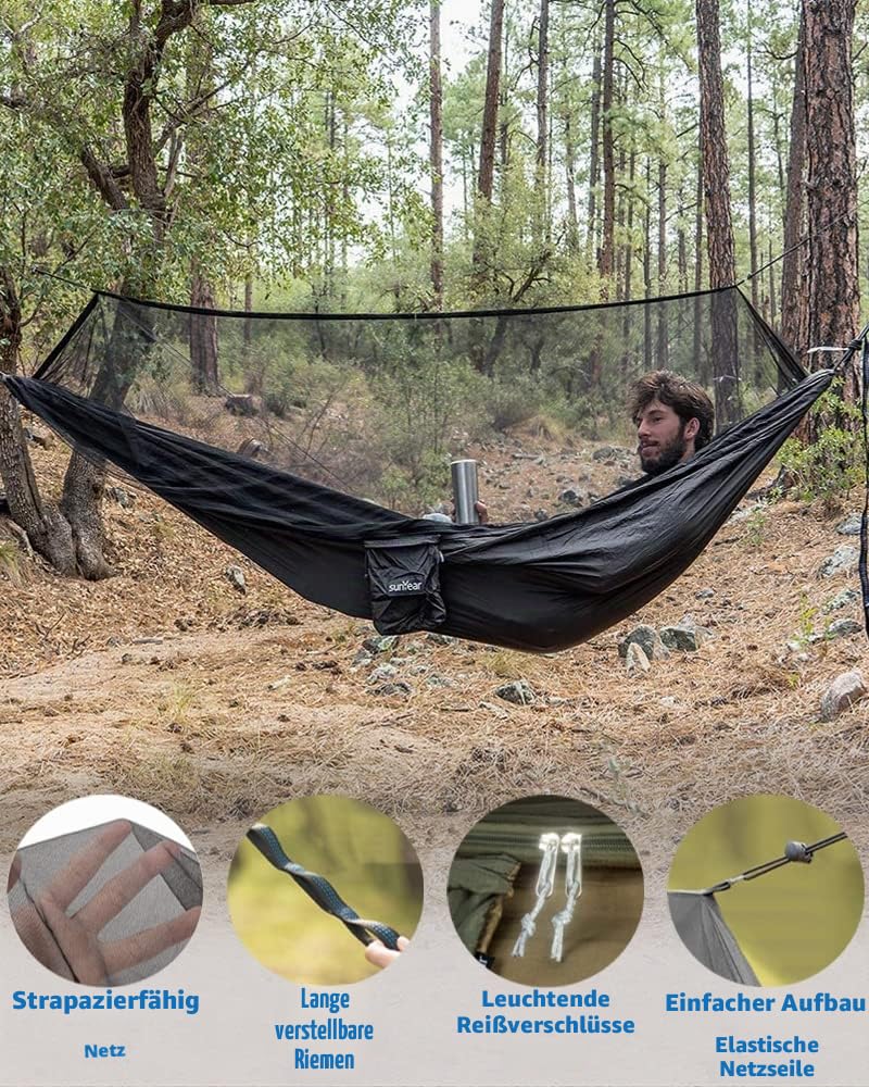 Sunyear Hängematte Camping mit Regenplane und Netz, tragbare Camping-Hängematte, Doppelbaum-Hängematte, Outdoor, Indoor, Rucksackreisen, Reisen und Überleben, 2 Baumgurte, 100 % wasserdicht, schwarzes