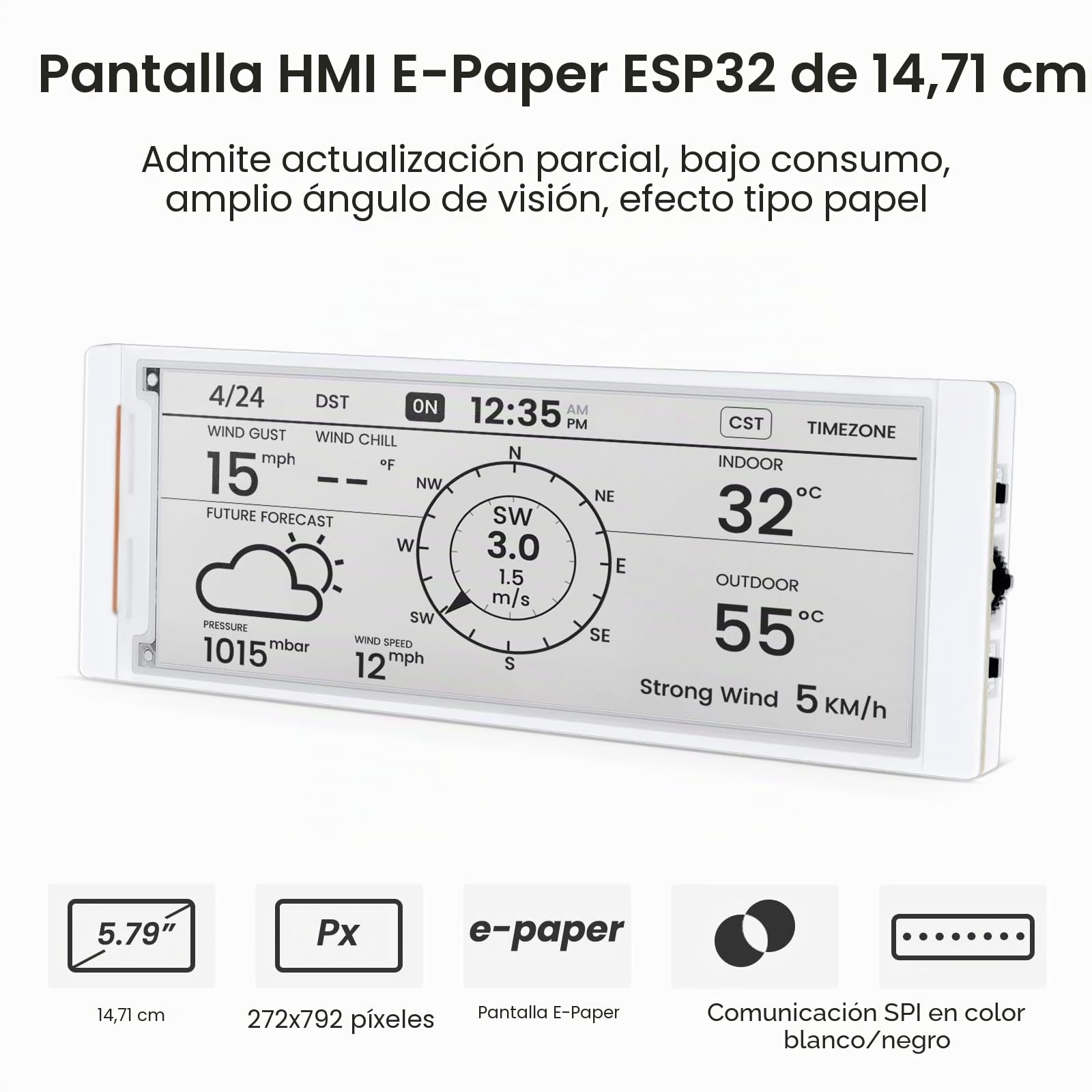 ELECROW ESP32 - Pantalla de tinta electrónica de 5.79 pulgadas, pantalla HMI de papel electrónico, color negro/blanco | CrowPanel E - Pantalla de tinta con resolución de 272 x 792 compatible con Arduino IDE, impulsada por interfaz SPI