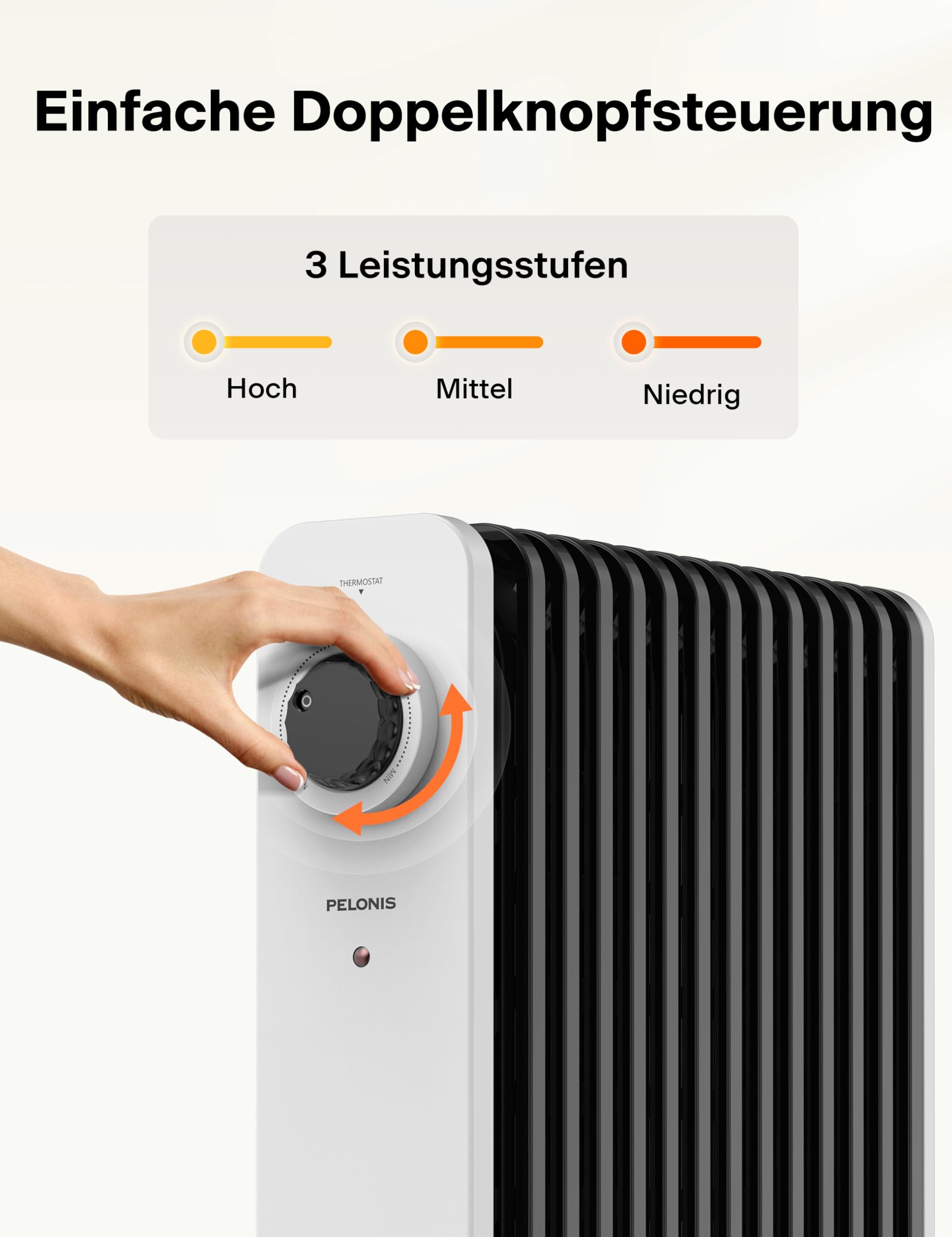 PELONIS Ölradiator 2500W Weiß mit 3D Konvektion & VOLCANO Technik, 13 Rippen Elektroheizung mit 3 Heizstufen, Thermostat und Sicherheitsschutz, Radiator Heizung Elektrisch für Wohnzimmer, Schlafzimmer