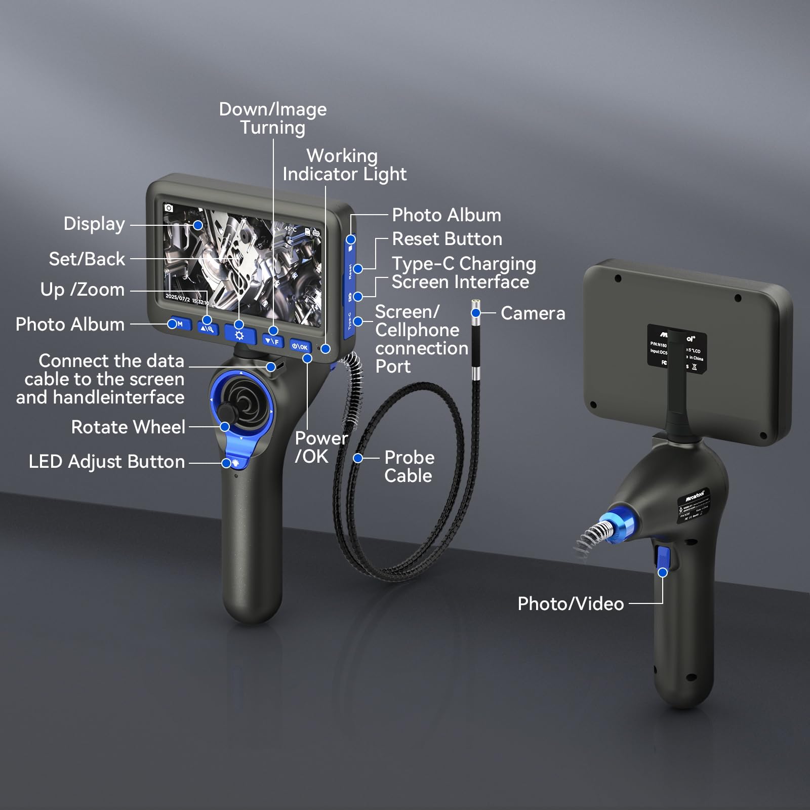 2-IN-1 Endoscopio, 𝟏𝟎𝟖𝟎𝐏 𝐈𝐏𝟔𝟕 𝟔 𝐋𝐄𝐃 Cámara de Inspección Borescopio 360° 4 Vías, 6,2 mm Sonda Delgada, 5 Pulgadas HD – Reparación de Coches, Mantenimiento HVAC