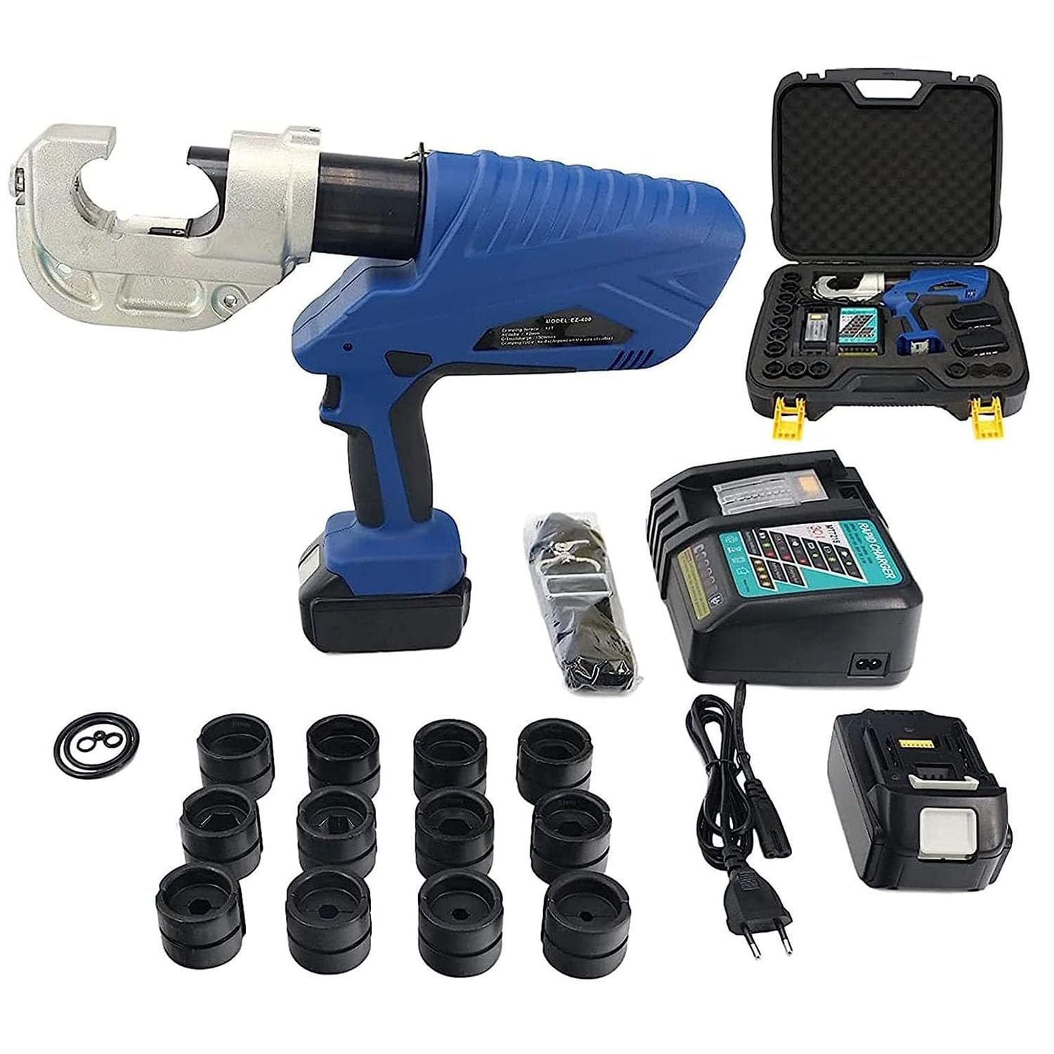 HCZKIUJY Rechargeable Hydraulic Crimping Tool with 13 Dies, 10-400mm2 Crimp Range, Fast Operation, Includes 2 Batteries