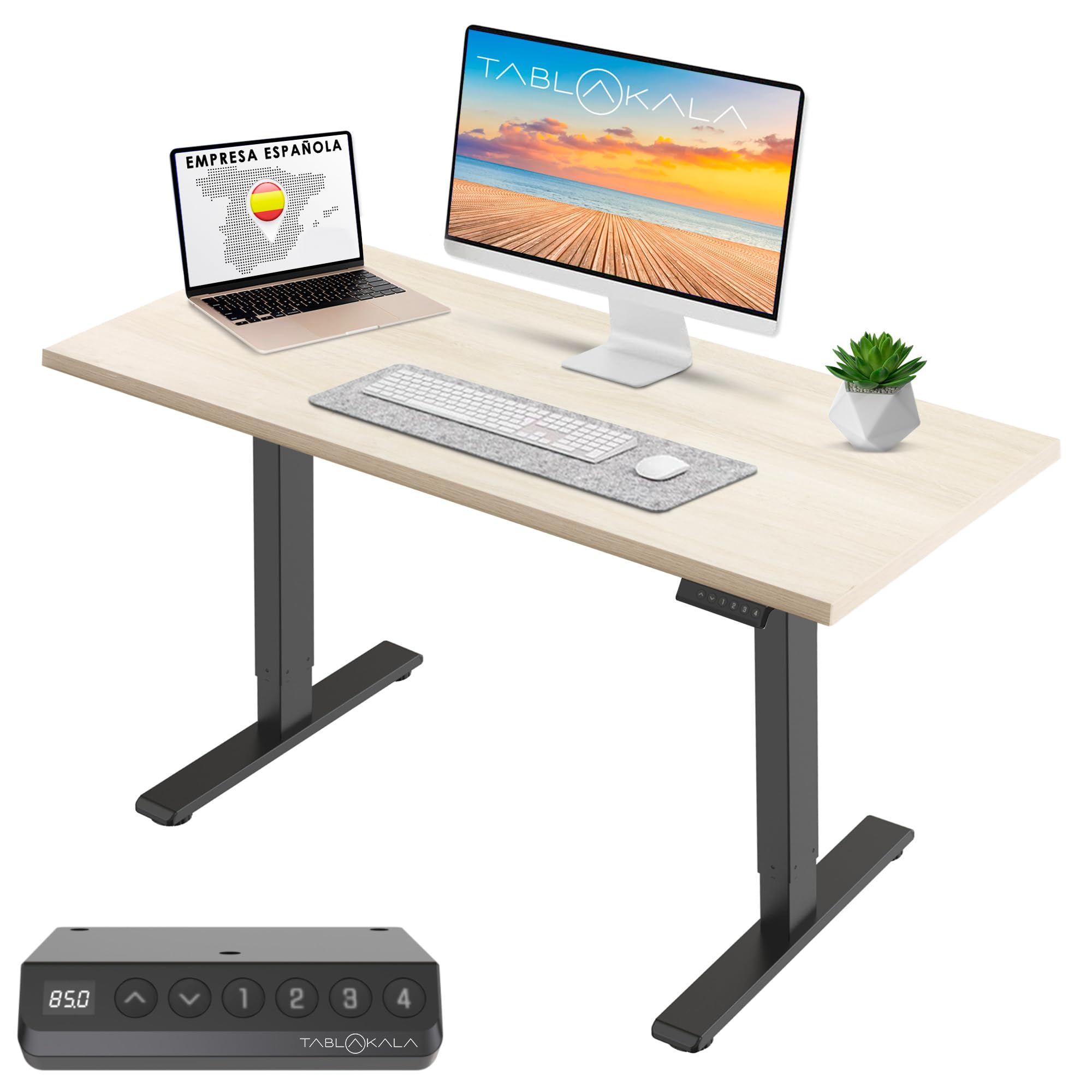 Tablakala Escritorio Elevable 1 Motor, Negro, Tablero 160x80x3 cm Roble Claro, Ajustable en Altura 71 a 121cm, Mesa Escritorio Elevable, Standing Desk, Mesa Elevable Secretaria
