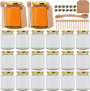 10 oz Honey Jars with Dipper, 20 Pack Hexagon Glass Jars with Golden Lid...