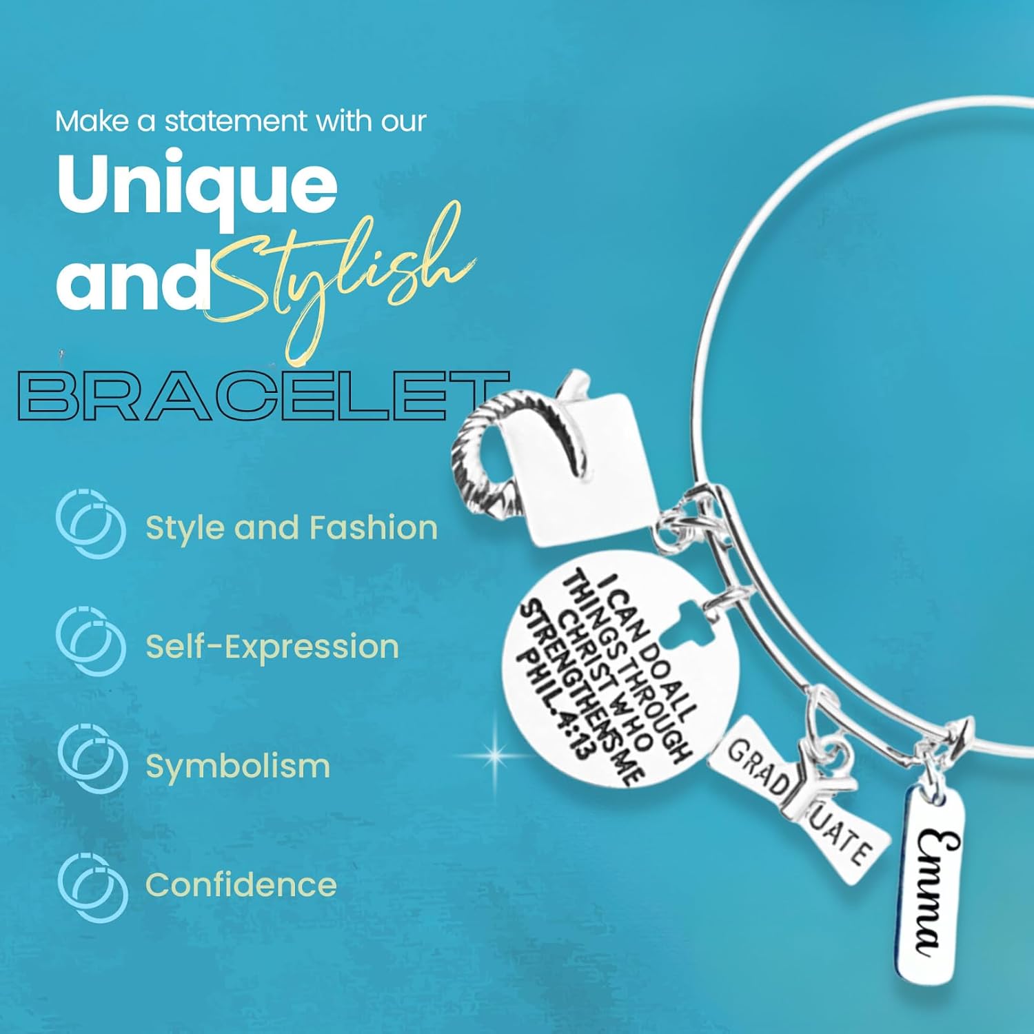 Infinity Collection 2026 Graduation Bangle Bracelet for Her, Personalized with I Can Do All Things Engraved Charm, Stainless Steel Jewelry