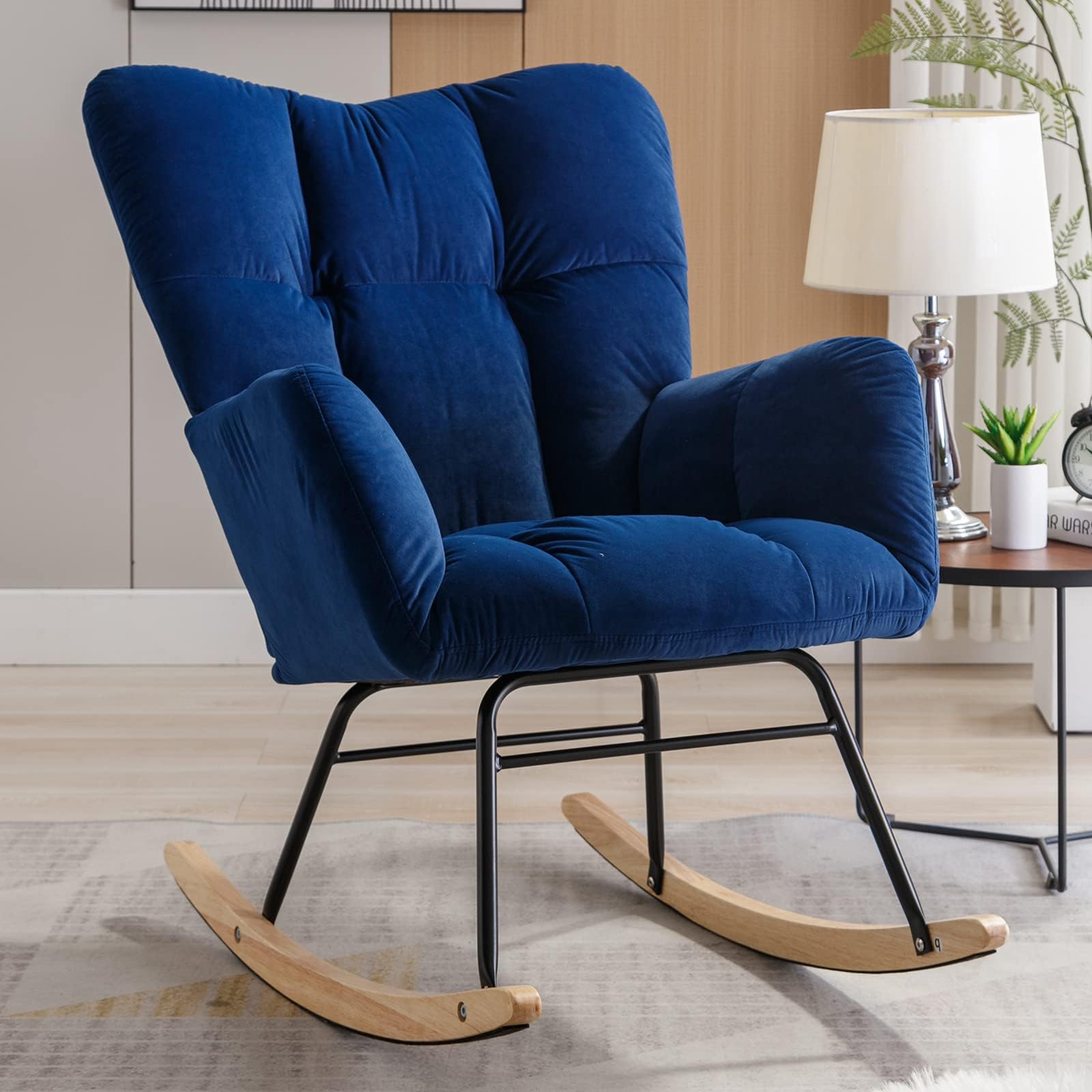NIOIIKITNursery Rocking Chair Velvet Upholstered Glider Rocker Rocking Accent Chair Padded Seat with High Backrest Armchair Comfy Side Chair for Living Room Bedroom Offices (Blue Velvet)