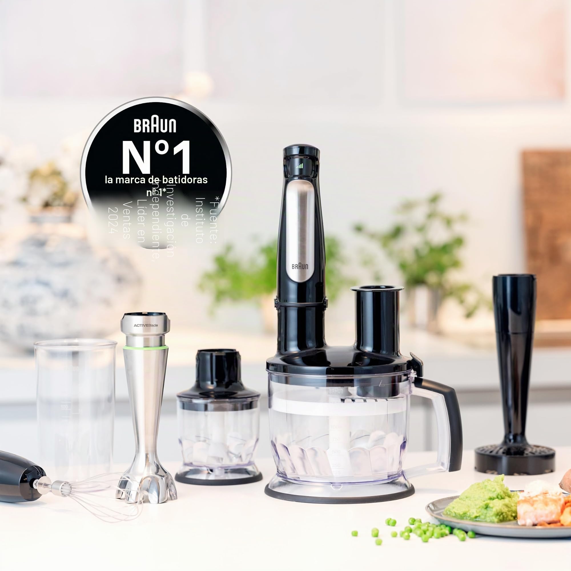 Braun Minipimer 7 - Batidora de Mano con Tecnología SplashControl, Sistema ActiveBlade para Alimentos Duros, Selección de Velocidad, Jarra Batidora 1,25L, Picadora, Vaso 600mL, 1000W, Negro (MQ7045X)