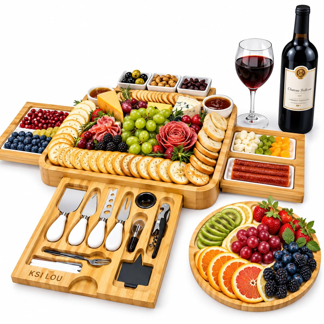 charcutrie Boards,Bamboo Cheese Board Set Includes a Side Cheese Tray, a Round Fruit Tray, Ceramic Bowls, Three Serving Plates, a Knife Set, Forks, and a Wine Opener