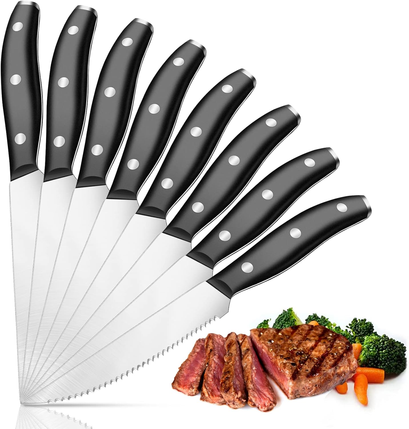 UniqueFire Steak knife, Steak Knives Set of 8, 4.6" High Carbon Stainless Steel Serrated Steak Knives Set, Sharp Dinner Knives Bread Knife Brisket Knife for Kitchen, Full Tang ABS Handle