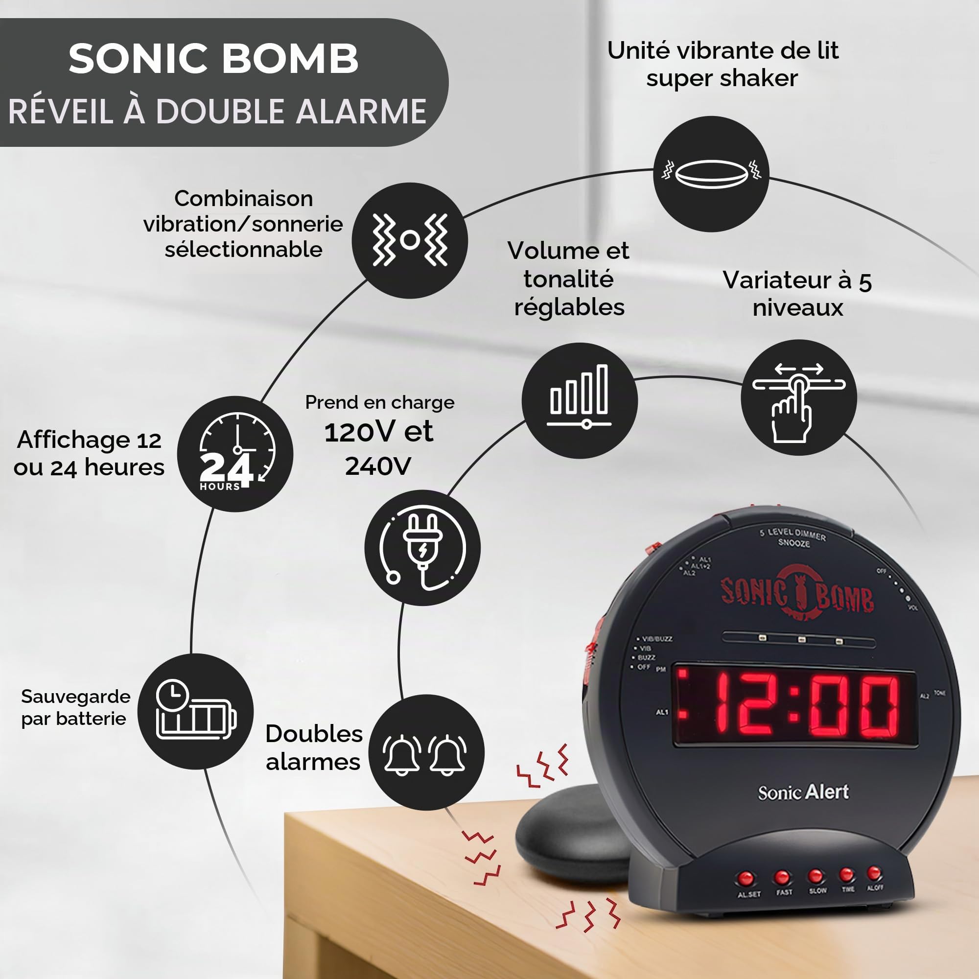 Geemarc Sonic Bomb - Réveil avec Alarme Super Puissante, Coussin Vibrant et Fonction Répétition de Sonnerie - Pour les Personnes Malentendantes et les Gros Dormeurs - Version FR