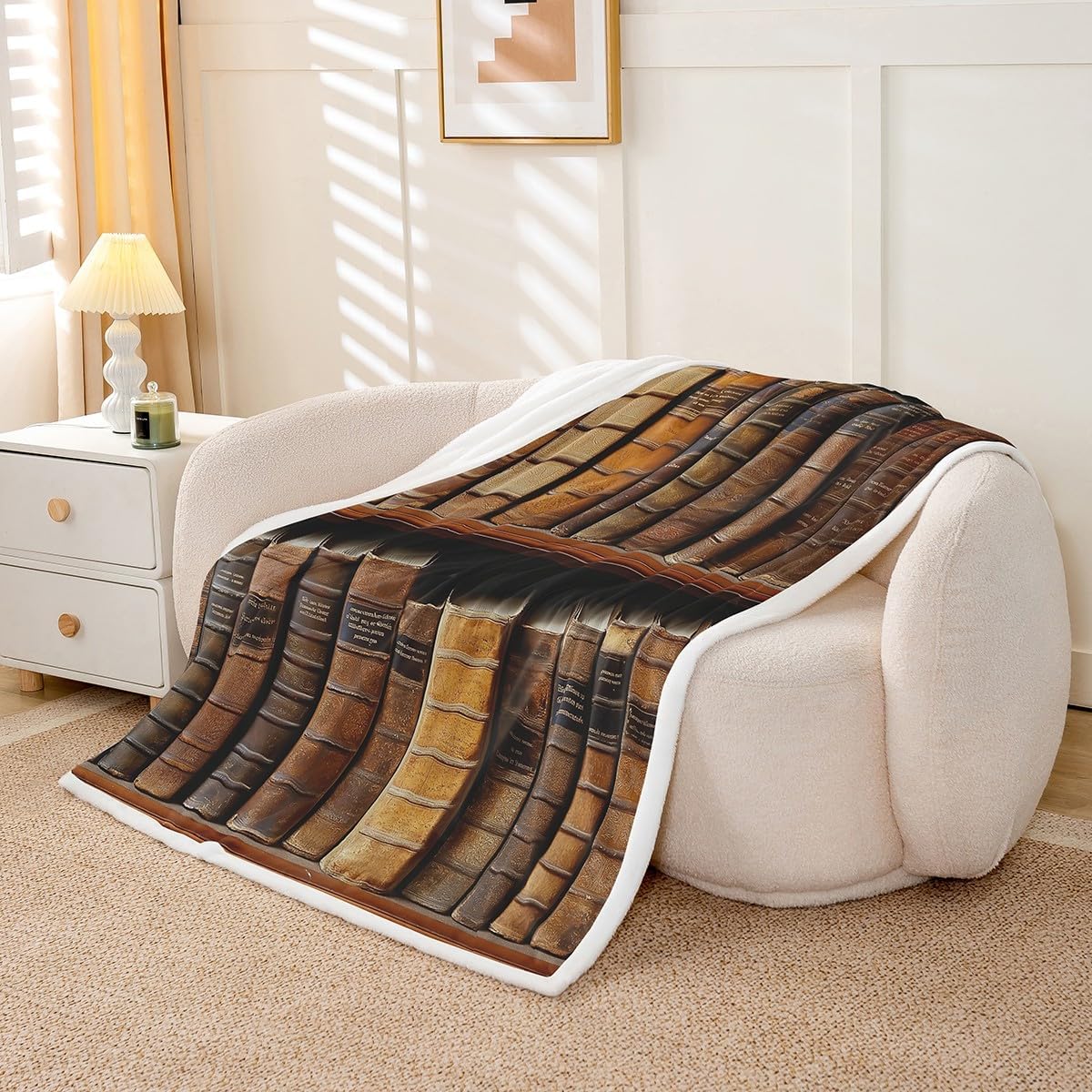 Erosebridal Vintage Library Throw Blanket for Couch, Retro Bookshelf Sherpa Blanket, Literary Books Themed, Book Lovers Gifts, Old Fashion Decoratives