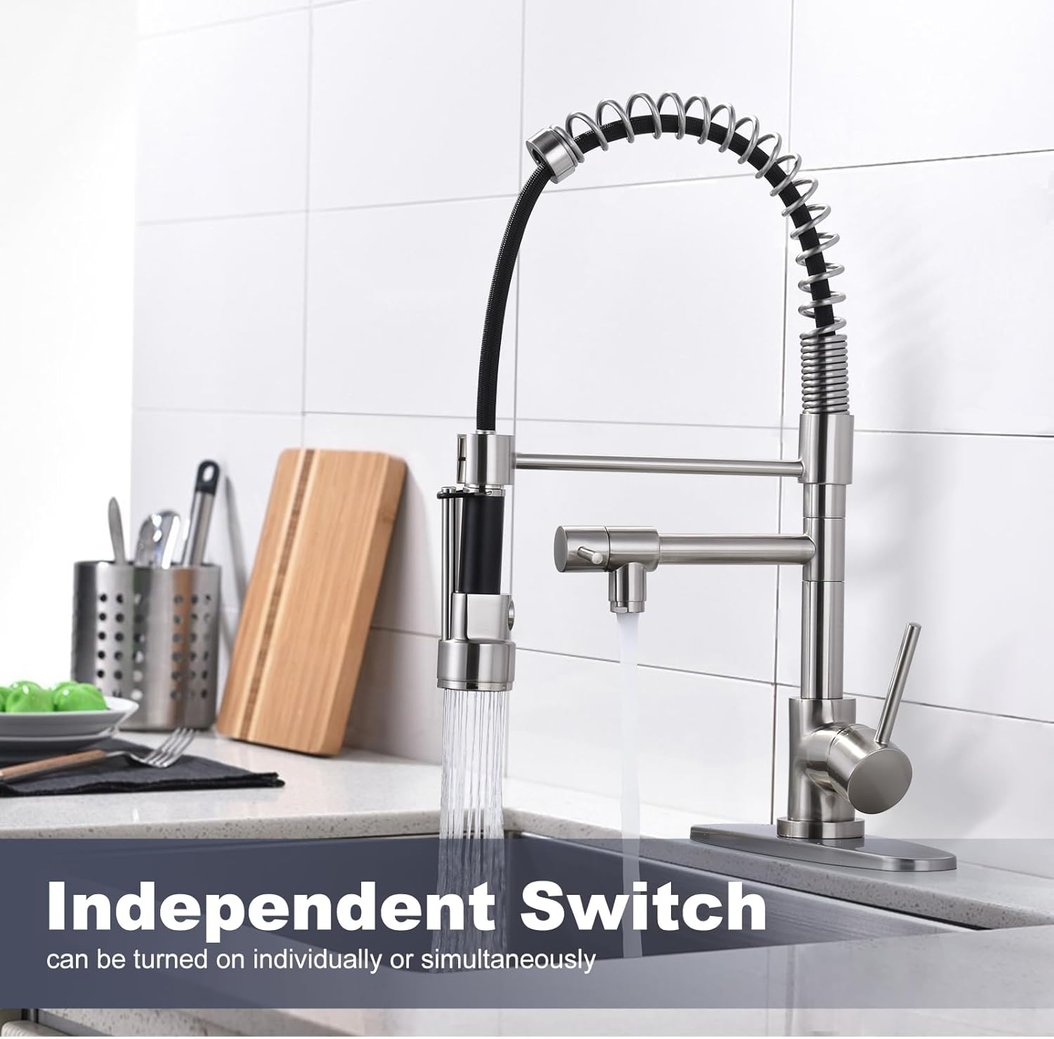 Brass Kitchen Faucet with Pull Down Sprayer, WOWOW High Arc Commercial Spring Kitchen Faucet for Sinks 1 or 3 Hole, Single Handle Brushed Nickel Kitchen Sink Faucet with Deck Plate