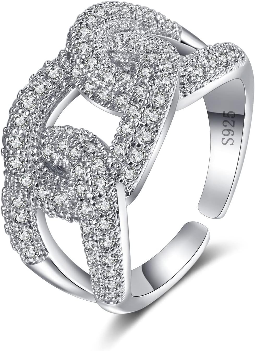 925 Sterling Silver Ring for Women, Solid Silver Romantic Interlocking Shape Opening Ring for Women Jewelry, with 5A Cubic Zirconia，Adjustable Size