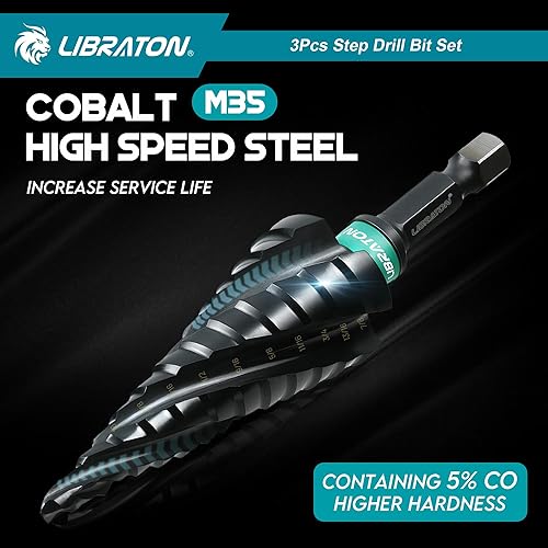 Miniatura 6 de LIBRATON Juego de brocas con paso de flauta en espiral, M35 cobalto Unibit de 18 a 78 pulgadas, brocas con revestimiento AlTiN, cuatro flautas en