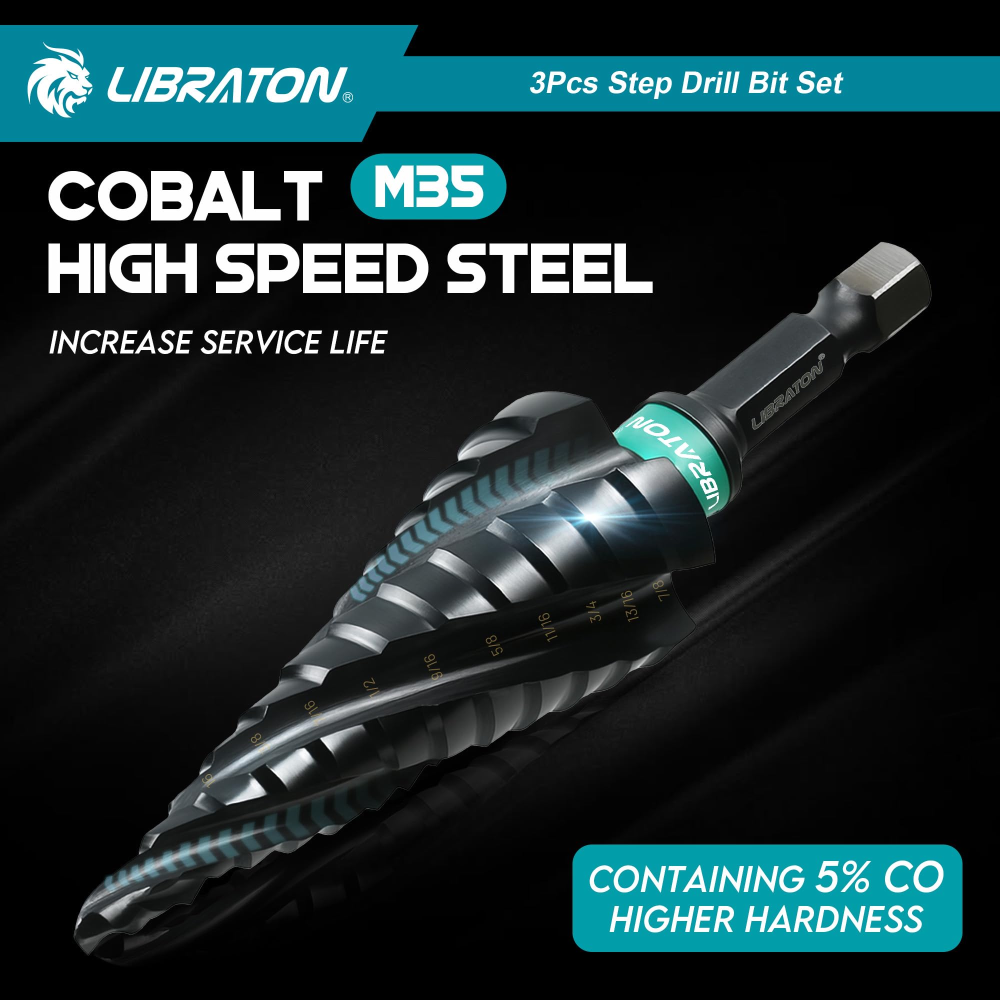 LIBRATON Stufenbohrer mit vier Spiralnuten, M35 Kobalt-Unibit-Stufenbohrer-Set 1/8"-7/8", AlTiN-beschichtete Stufenbohrer, 1/4" Sechskantschaft für Metall, Edelstahl, Aluminium, Kunststoff