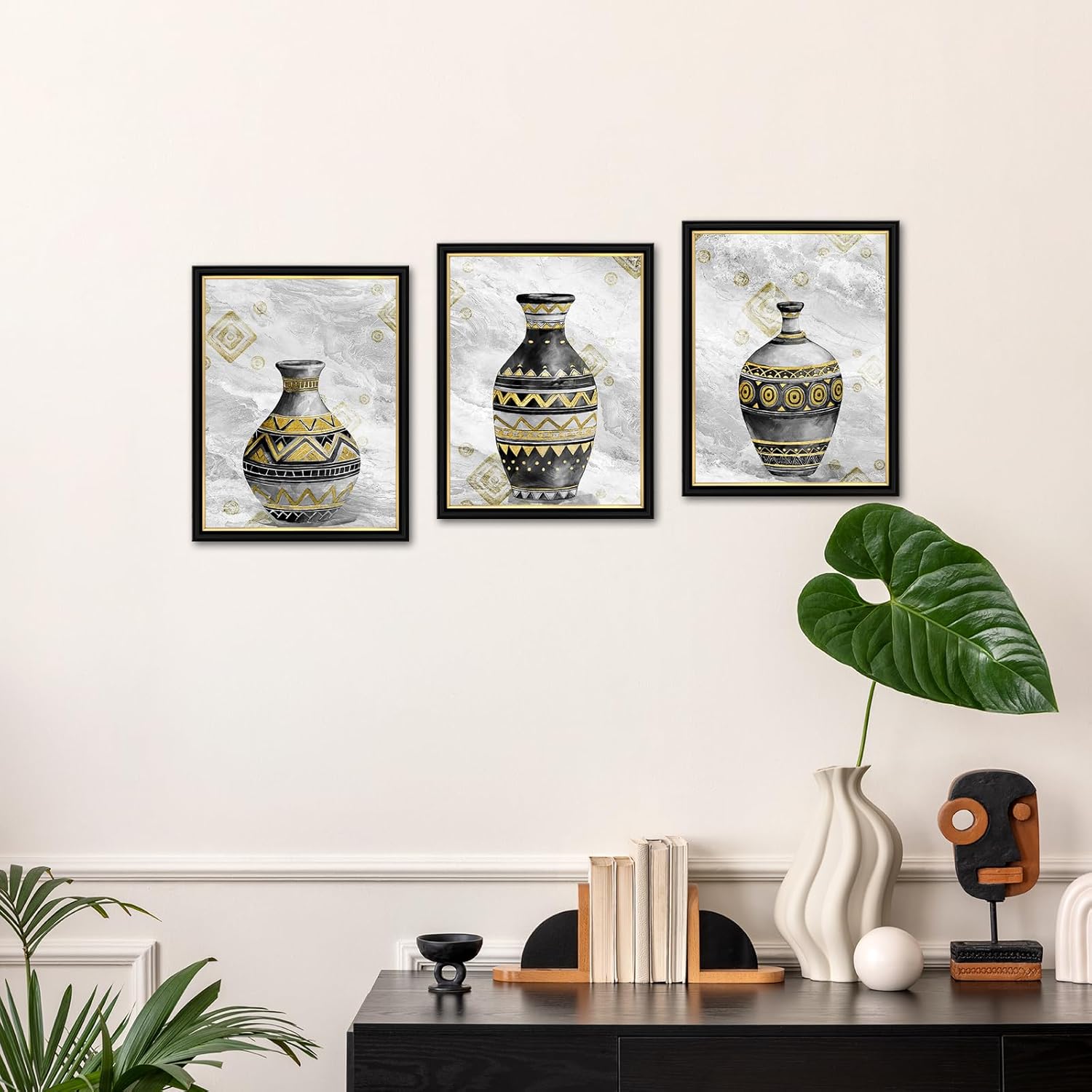 KREATIVE ARTS Boho Vase Canvas Wall Art with Black Frame 3 Piece Set 12x16 Inch Neutral Tribal Pottery Print Gold Grey Modern Abstract Painting for Living Room Bedroom Dining Room Decor