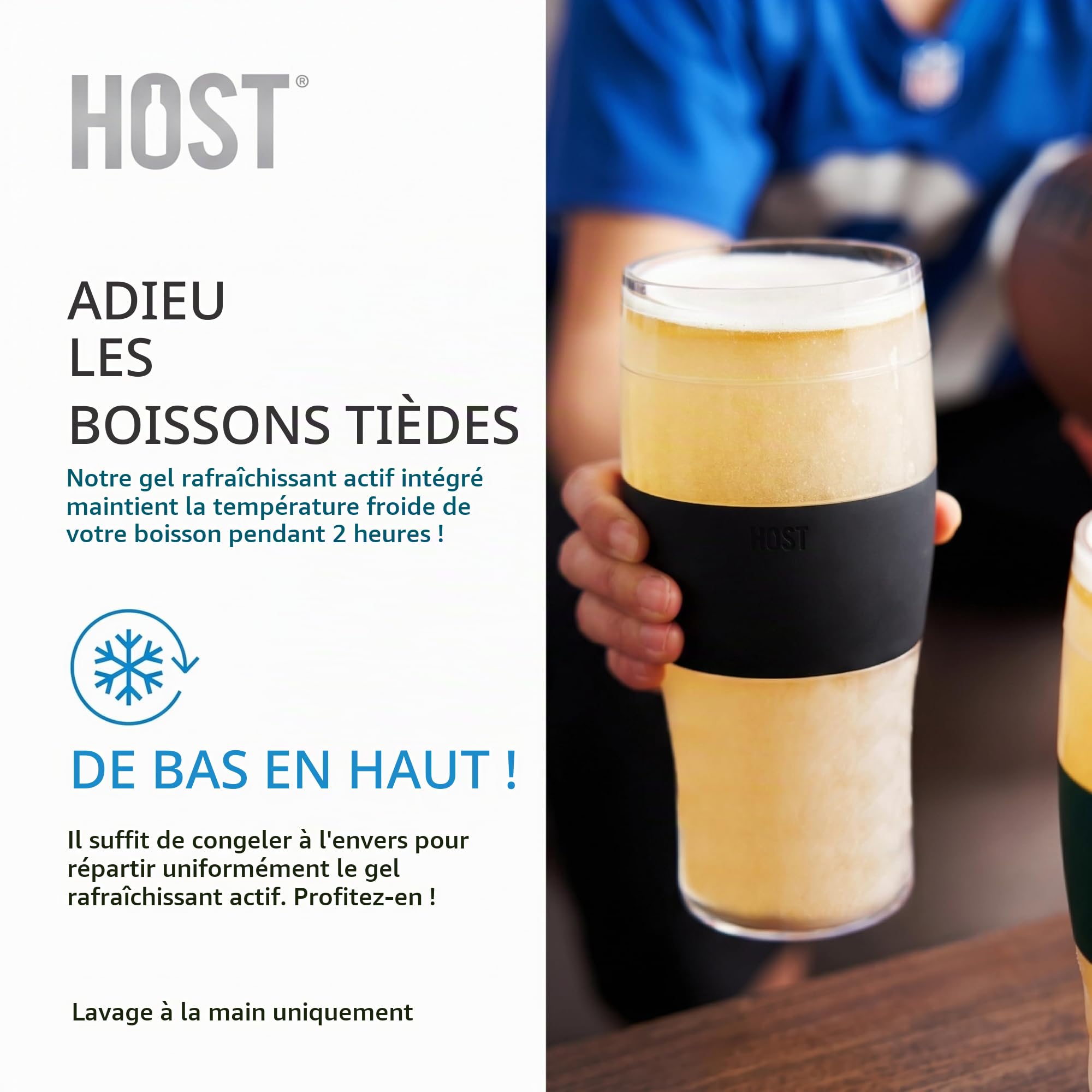 Host Beer Freeze Verres à bière rafraîchissants, Plastique Double paroi Isotherme réfrigérant, Peuvent être congelés, avec Gel réfrigérant | Pinte à congeler, Lot de 2, 473 ML- Noir et Gris (10017)