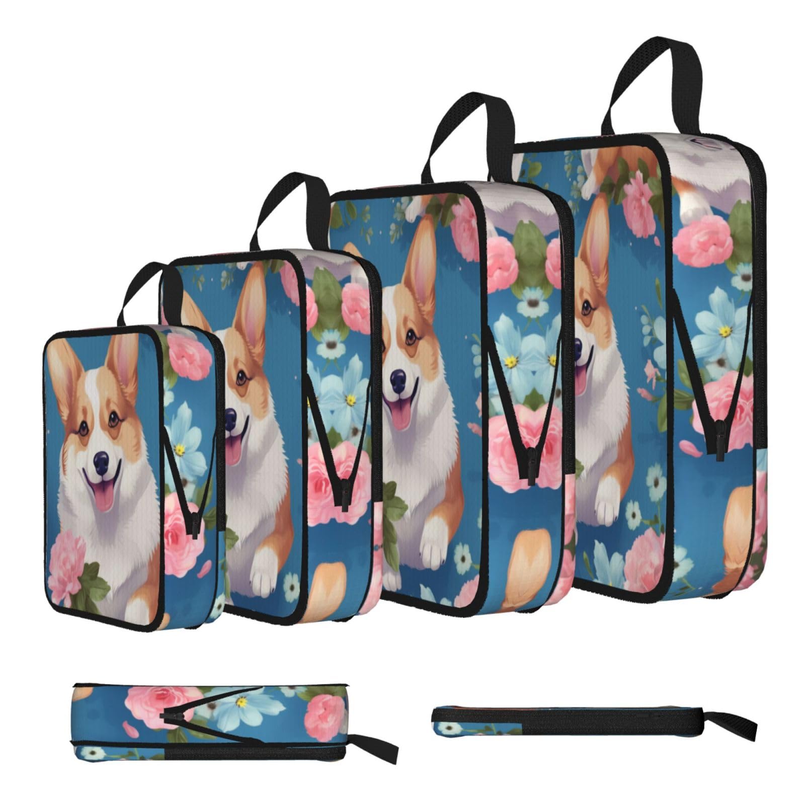Sxzvvbn Black Corgi Flower Pattern Compression Packing Cubes 4 Piece Set